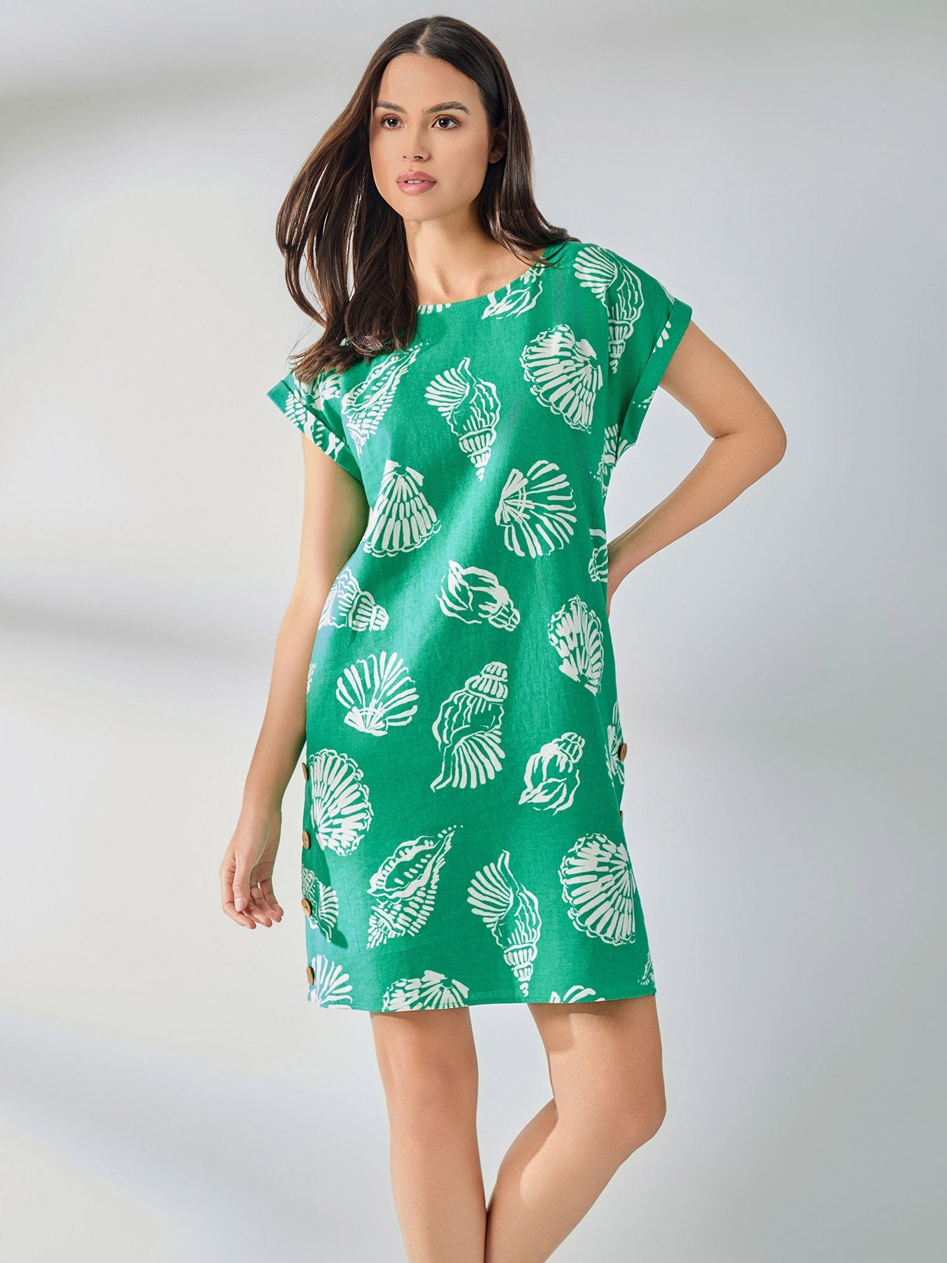 Short Sleeve Side Button Swing Dress, Linen Blend