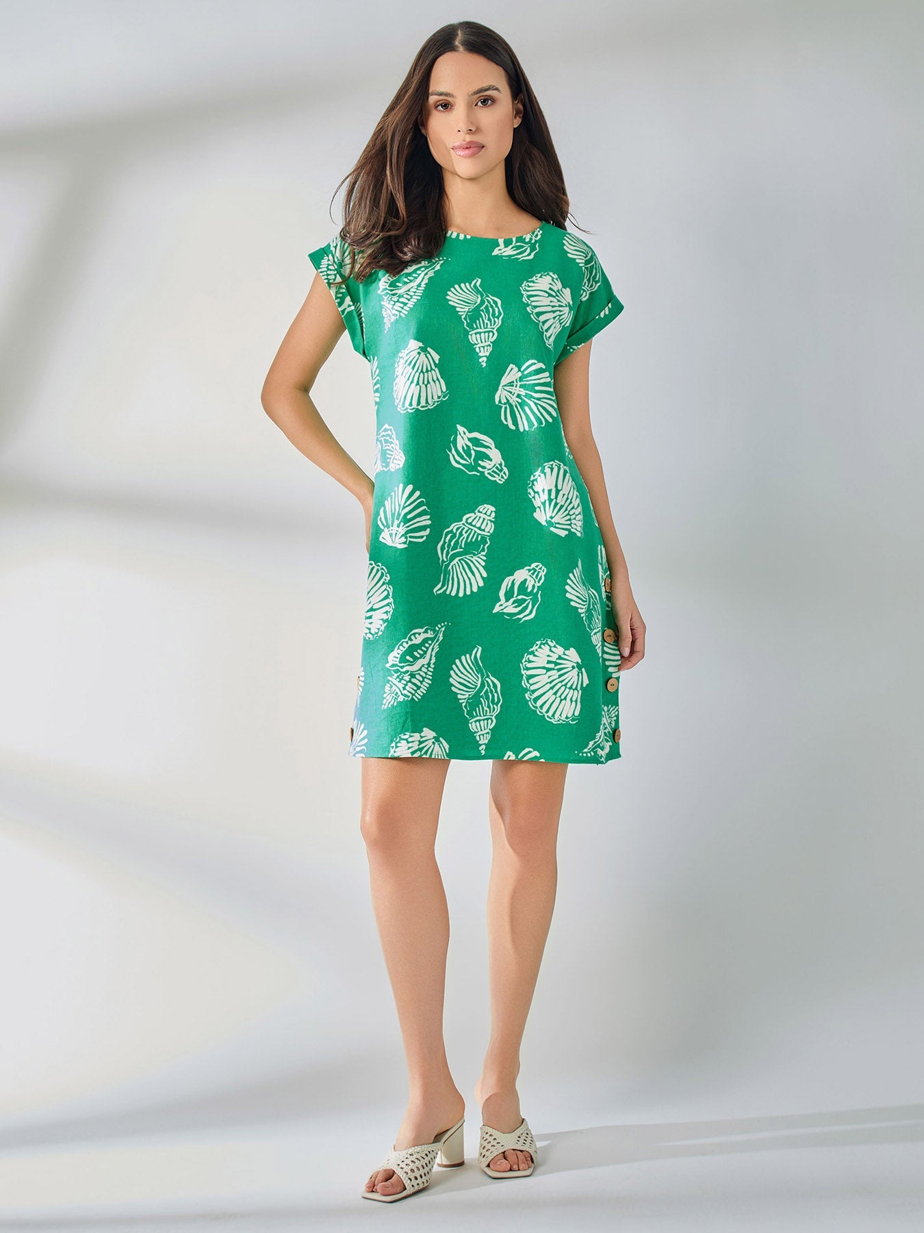 Plus Short Sleeve Side Button Swing Dress, Linen Blend