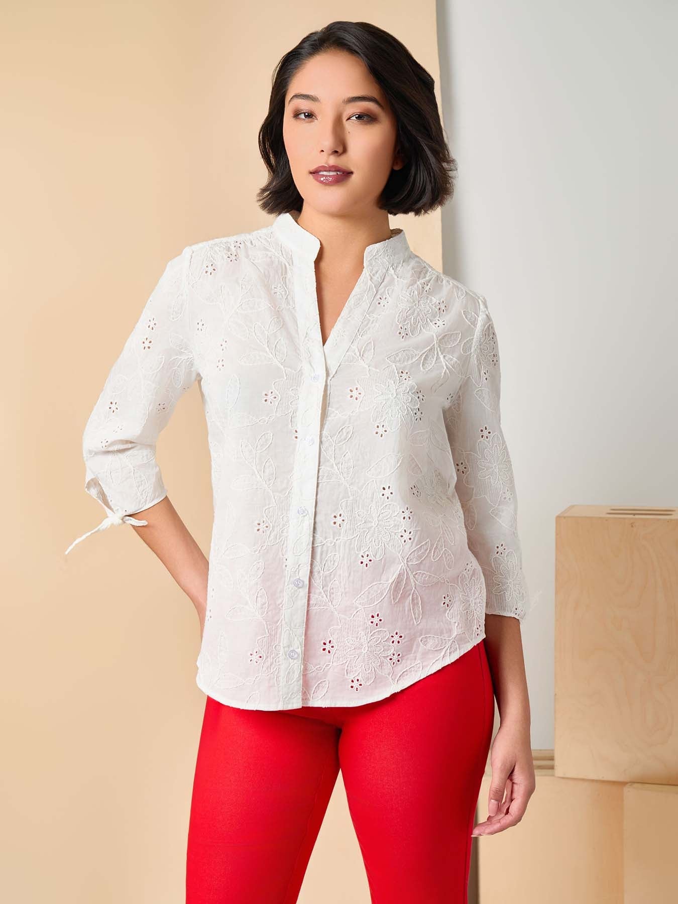 Petite Button Front Tie-Sleeve Shirt, Cotton Eyelet