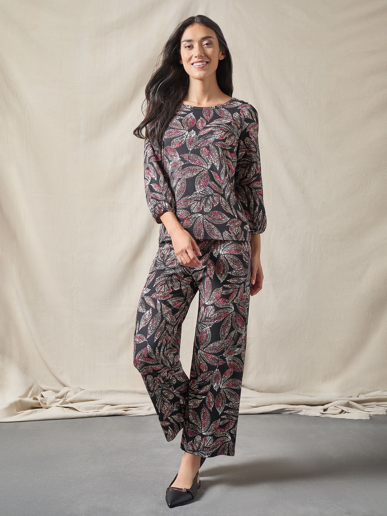 Puff Sleeve Printed Moss Crepe Top