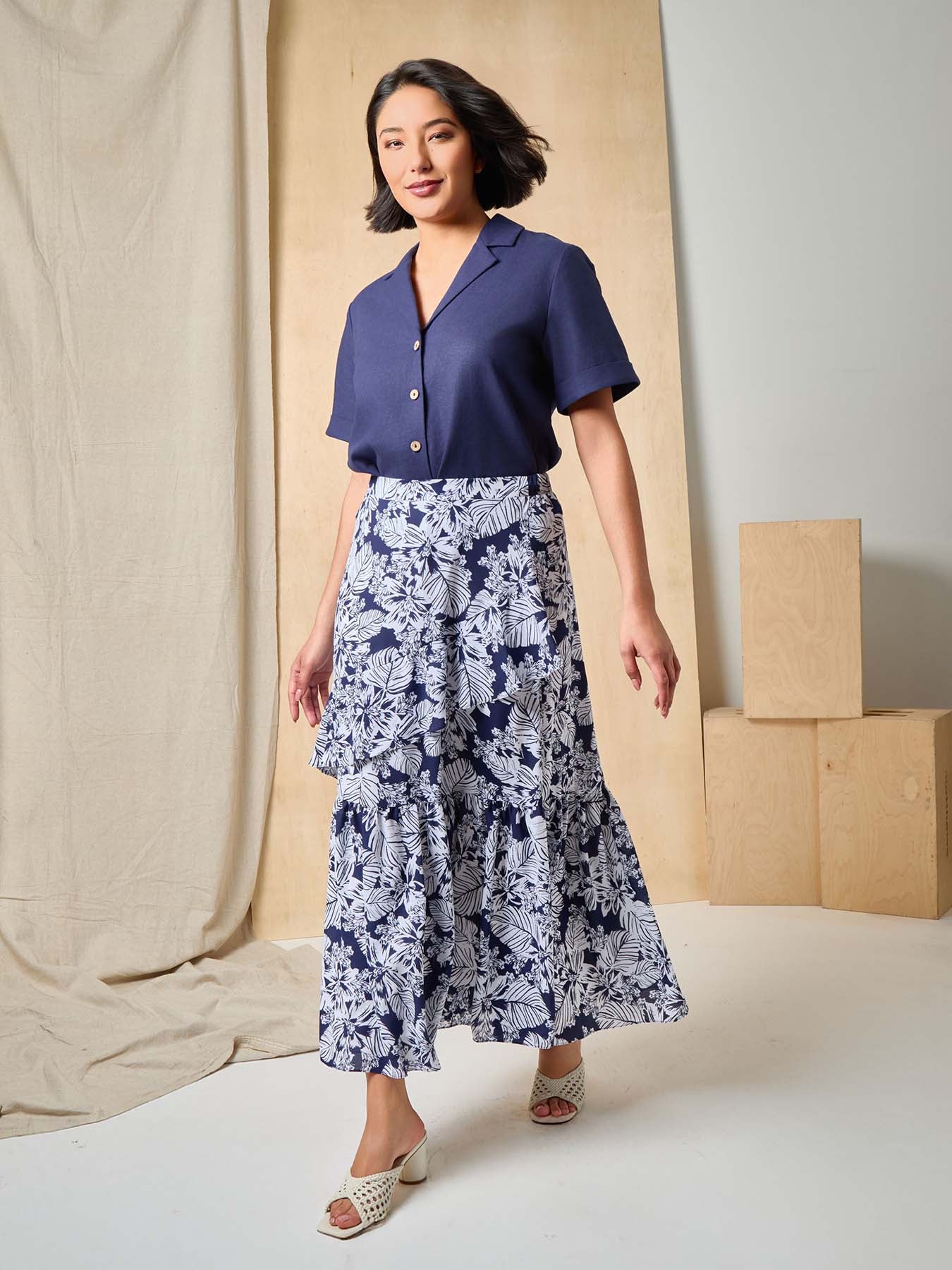 Notch Collar Button Front Shirt, Linen Blend