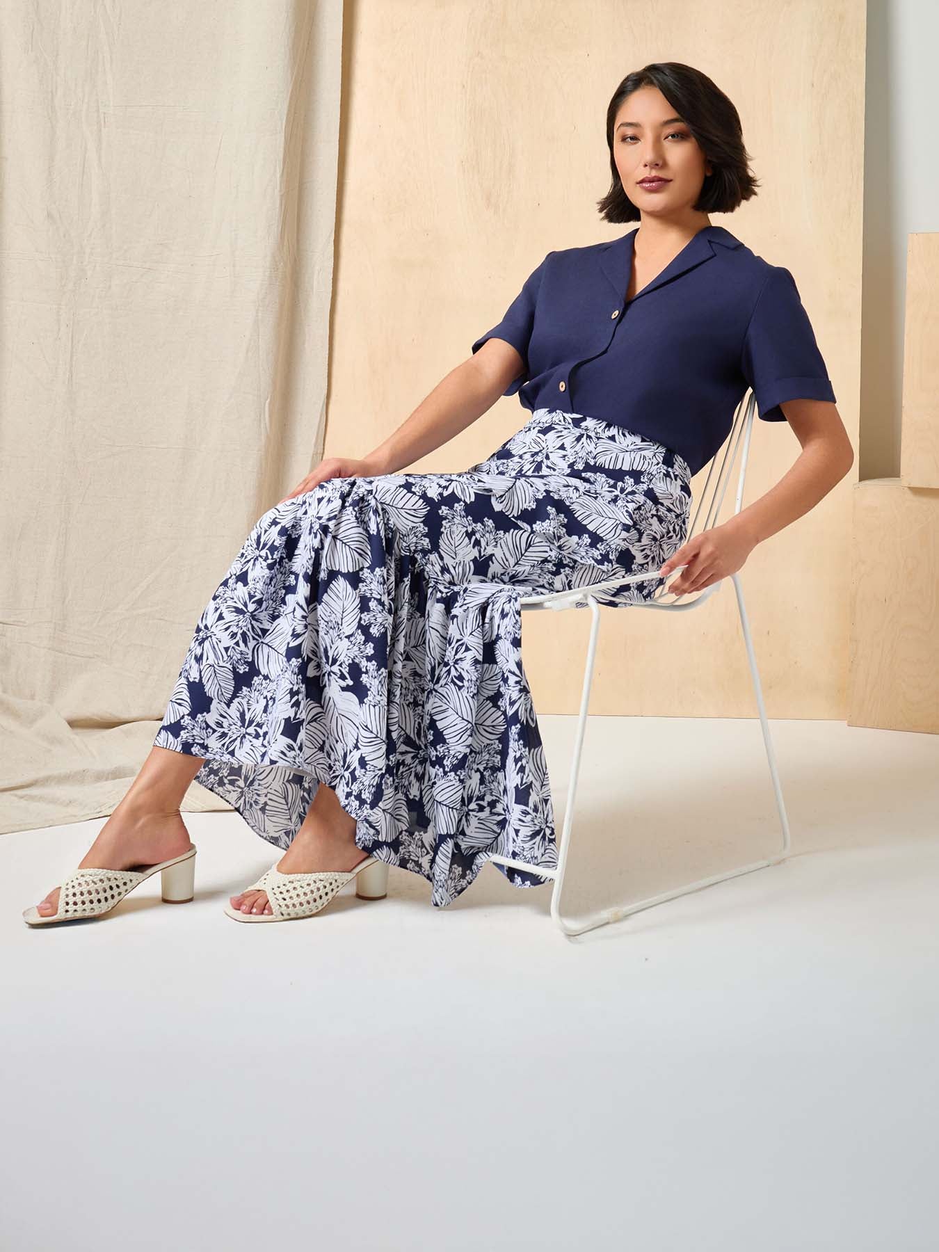 Notch Collar Button Front Shirt, Linen Blend