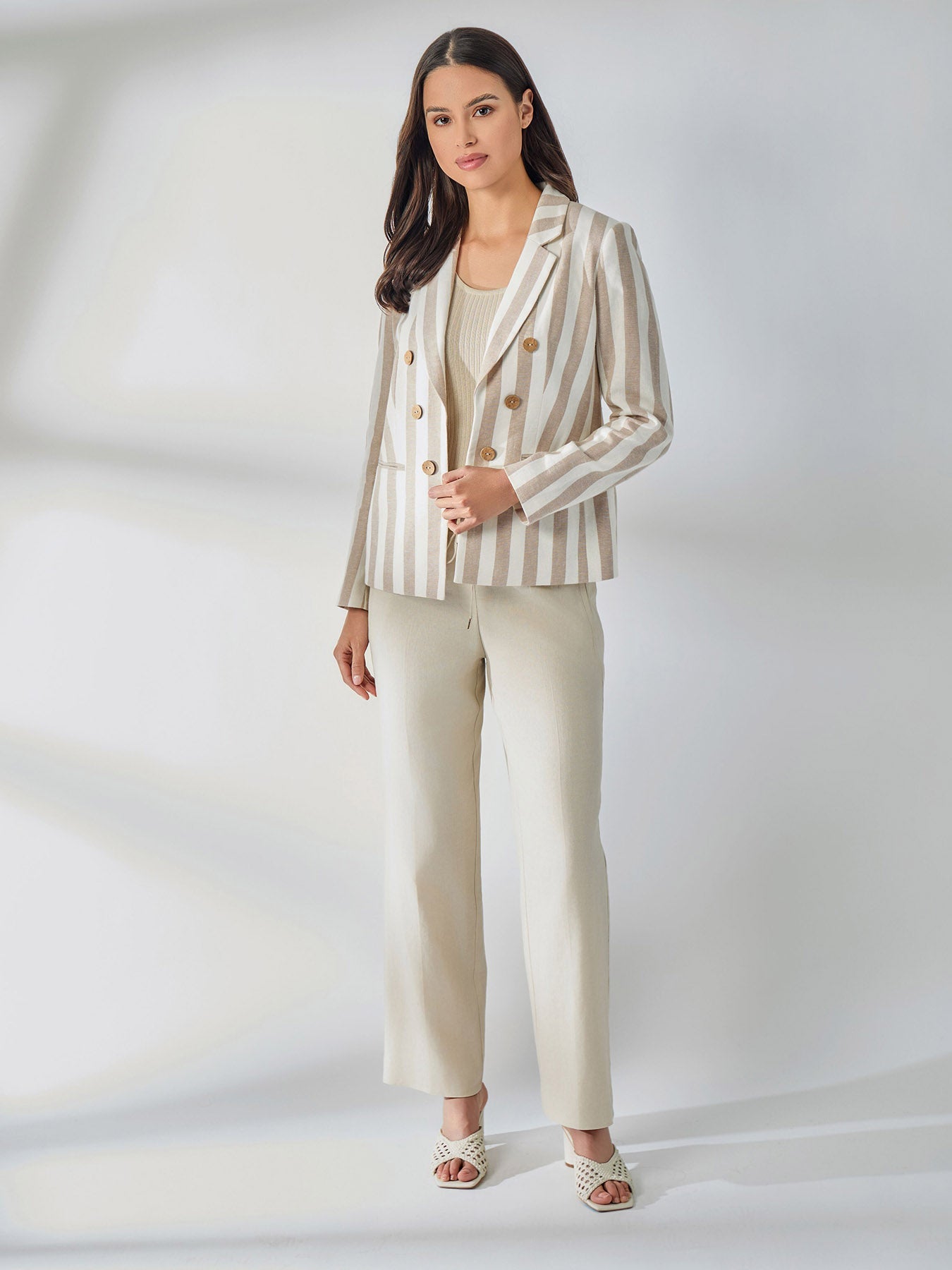 Faux Double Breasted Stripe Blazer, Linen Blend