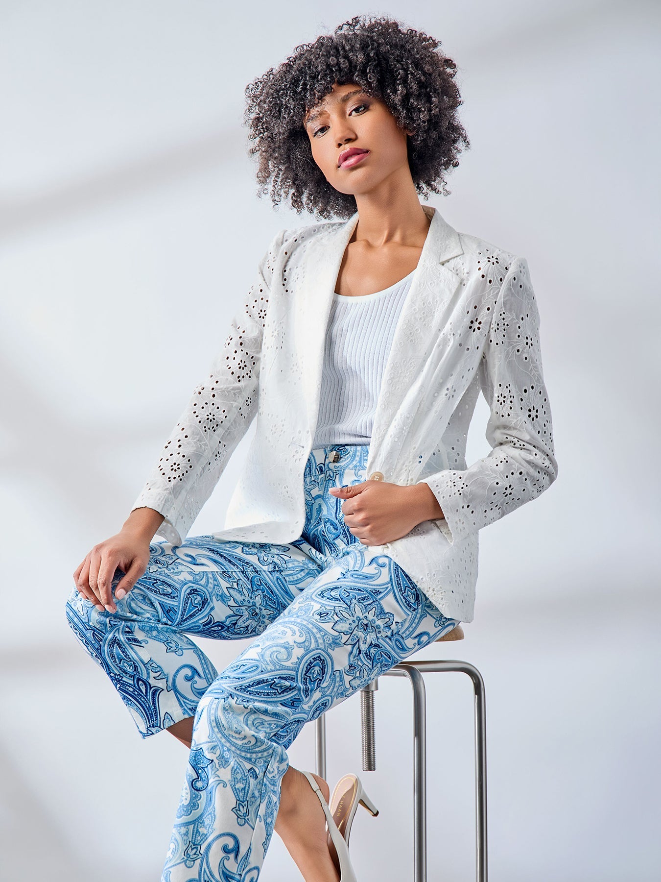 One Button Notch Collar Blazer, Floral Eyelet