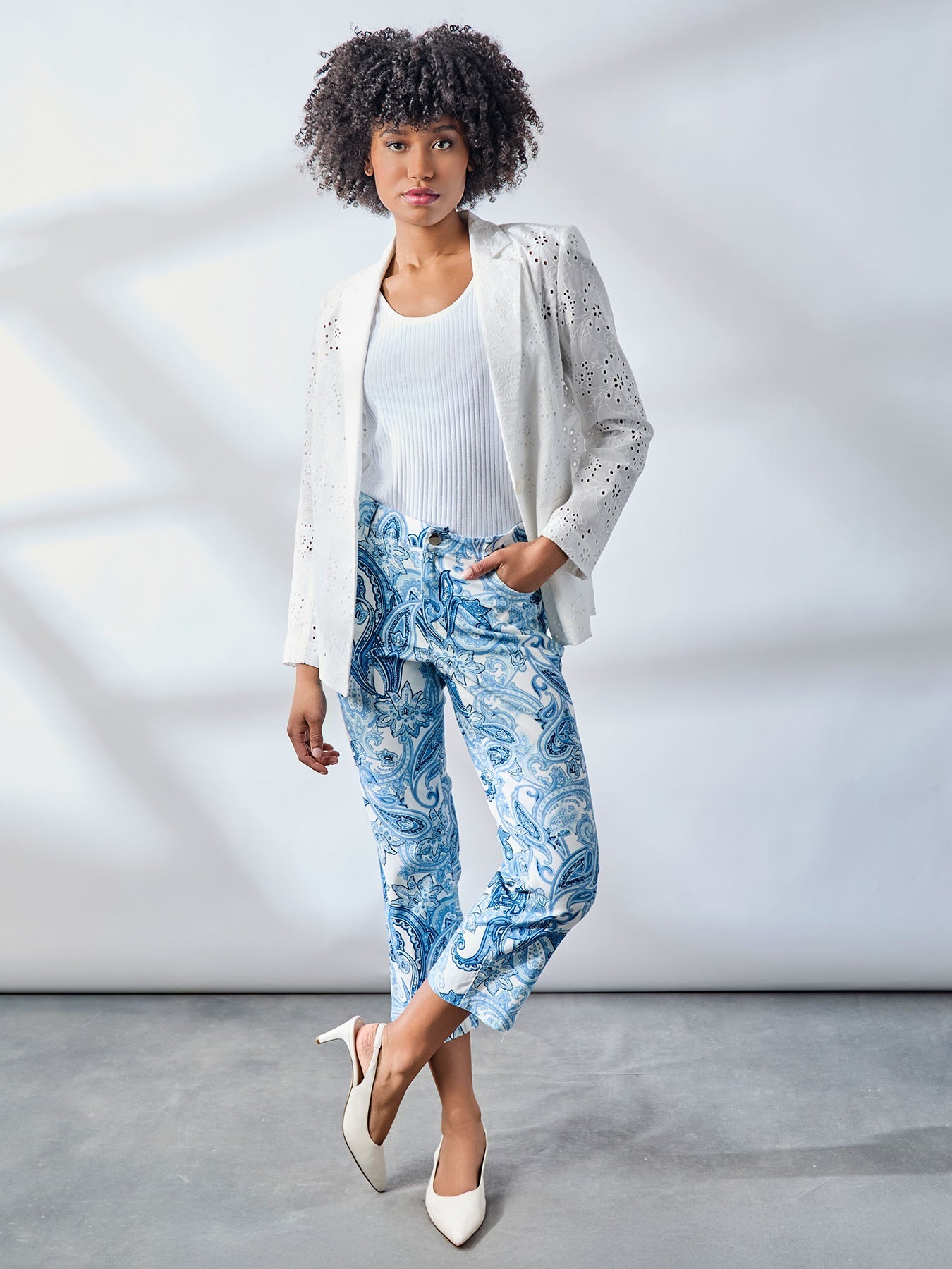 One Button Notch Collar Blazer, Floral Eyelet