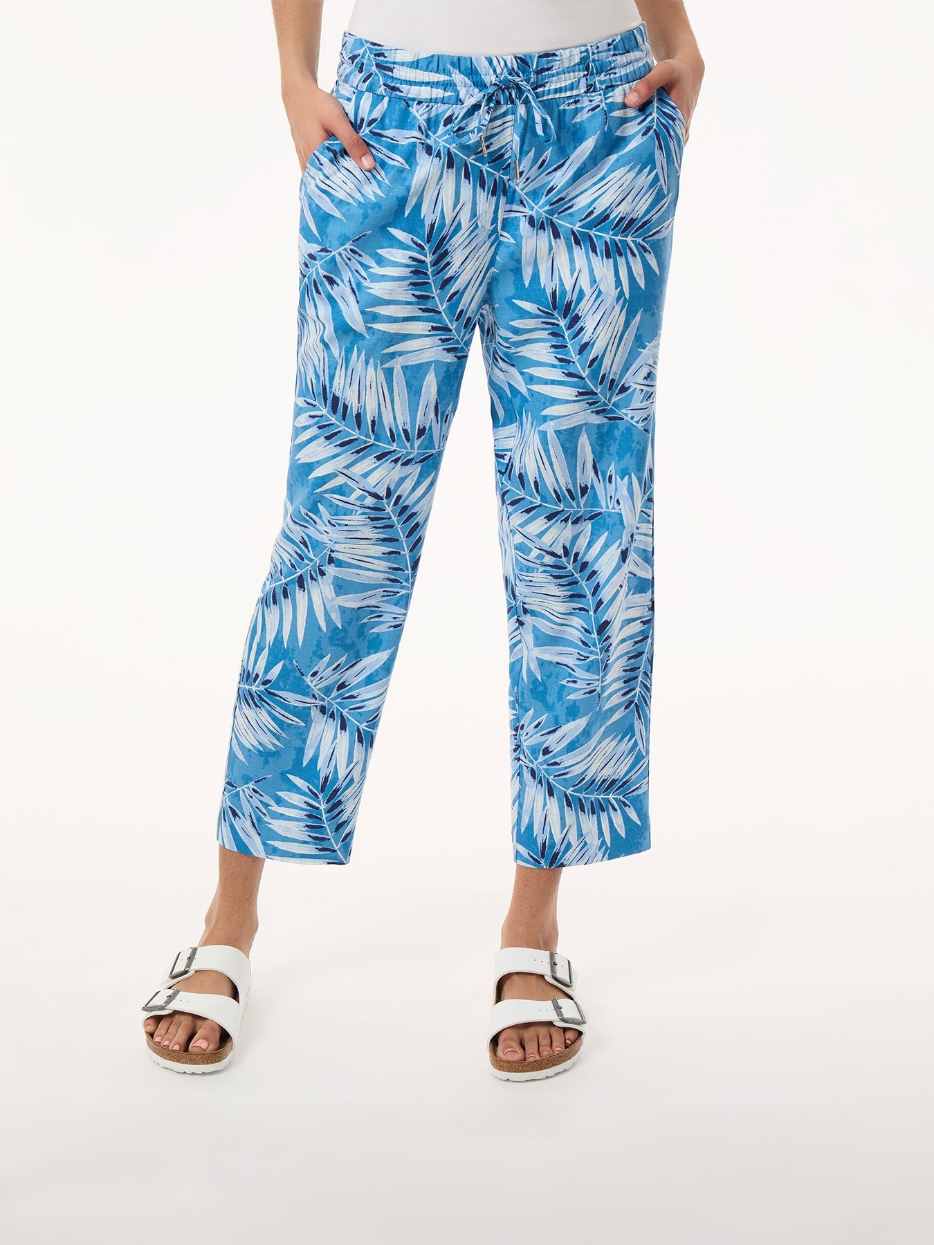Pull On Drawstring Cropped Trouser, Printed Linen Blend