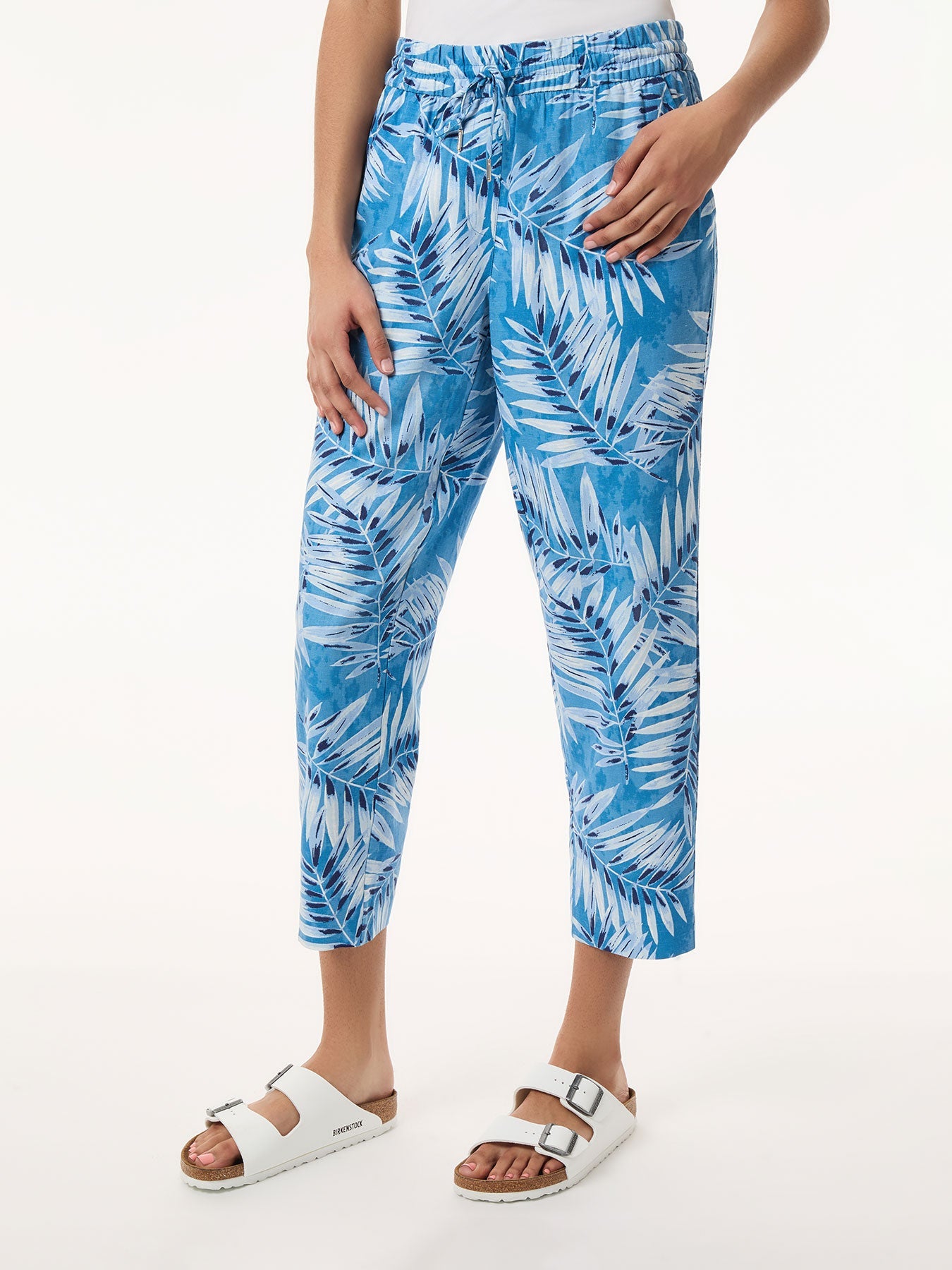 Petite Pull On Drawstring Cropped Trouser, Printed Linen Blend