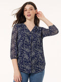 Print V-Neck Pleated Kelly Blouse, Chiffon