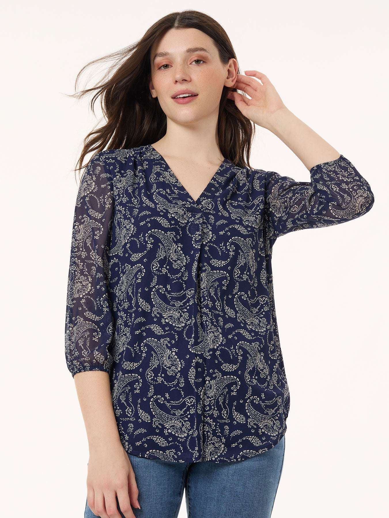 Print V-Neck Pleated Kelly Blouse, Chiffon