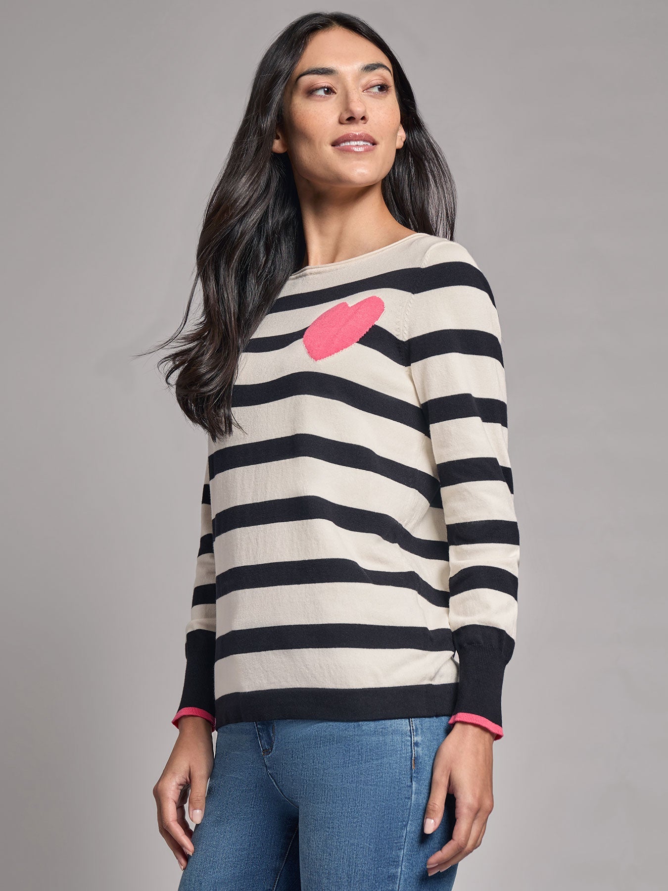 Heart Detail Stripe Boat Neck Sweater