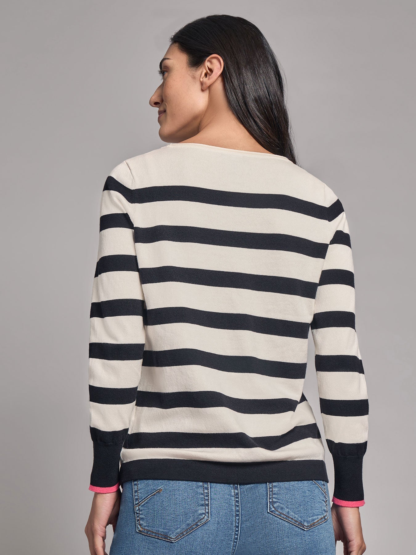 Heart Detail Stripe Boat Neck Sweater