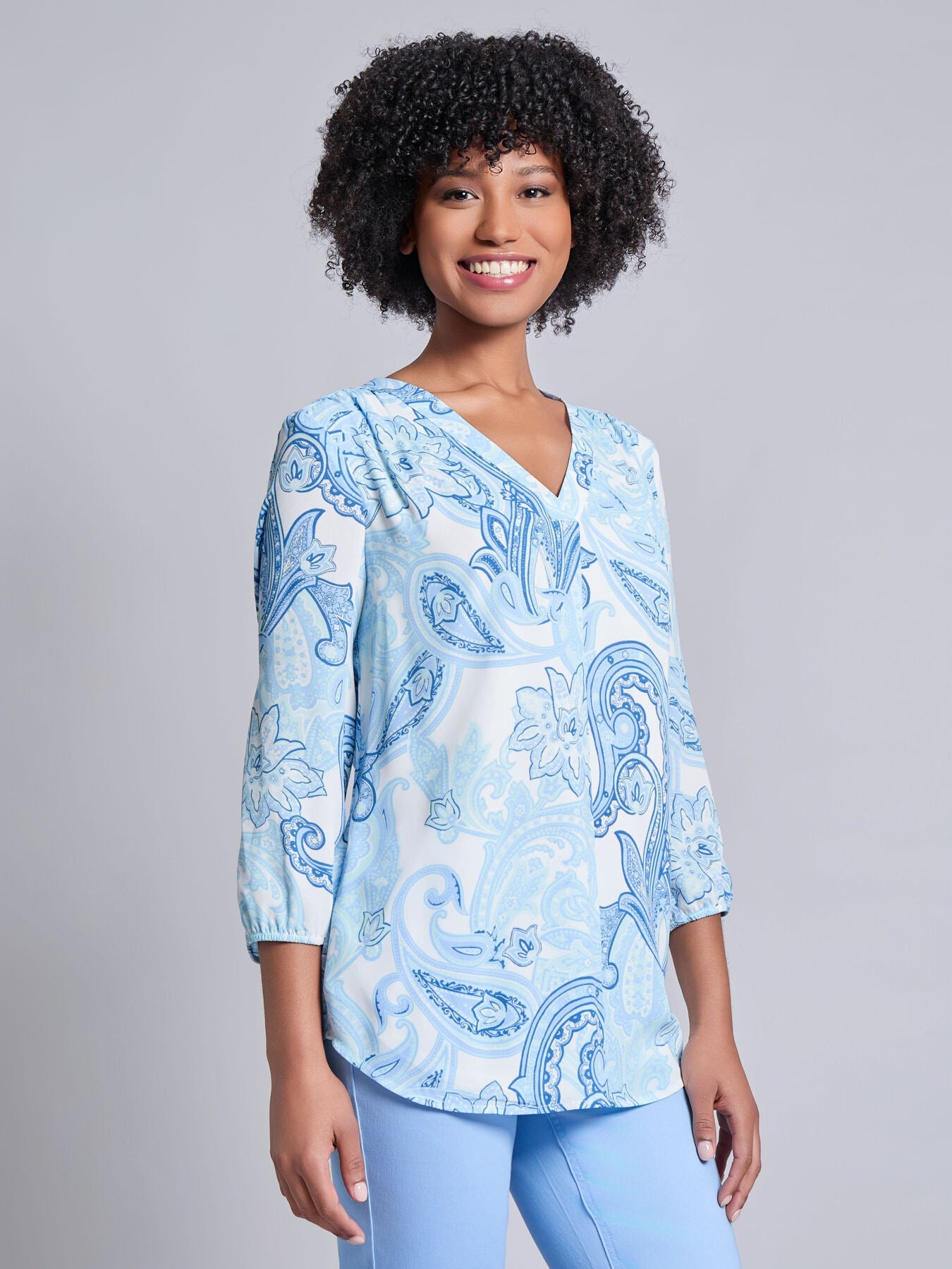 V-Neck Pleated Kelly Blouse, Crepe De Chine