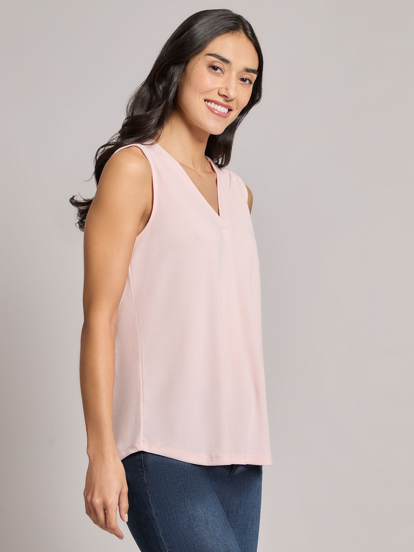 Sleeveless V-Neck Pleat Front Blouse