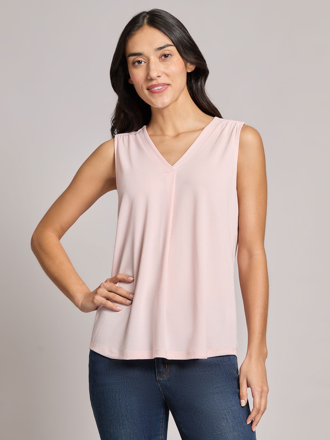 Sleeveless V-Neck Pleat Front Blouse