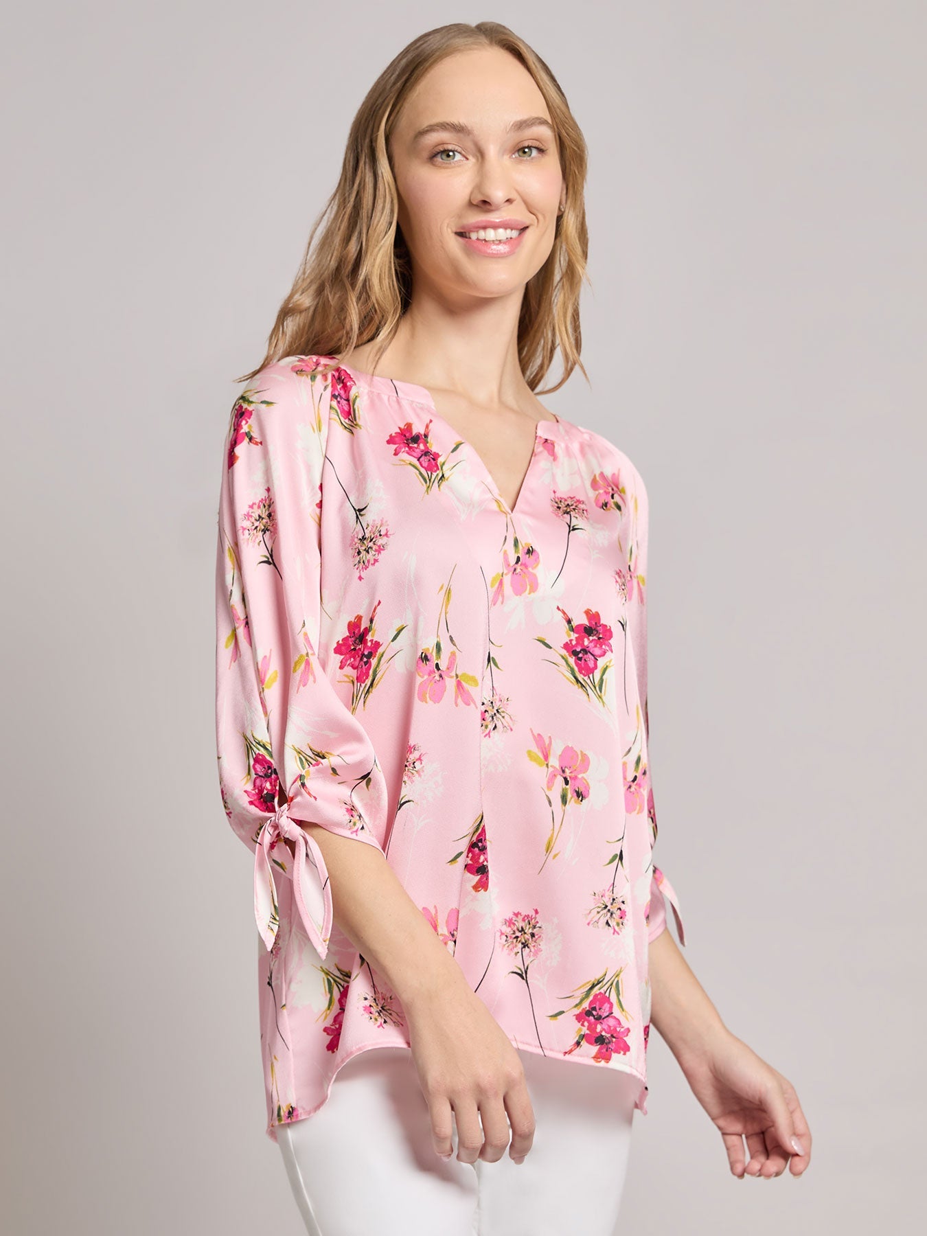 V-Neck Tie-Sleeve Blouse, Hammered Satin