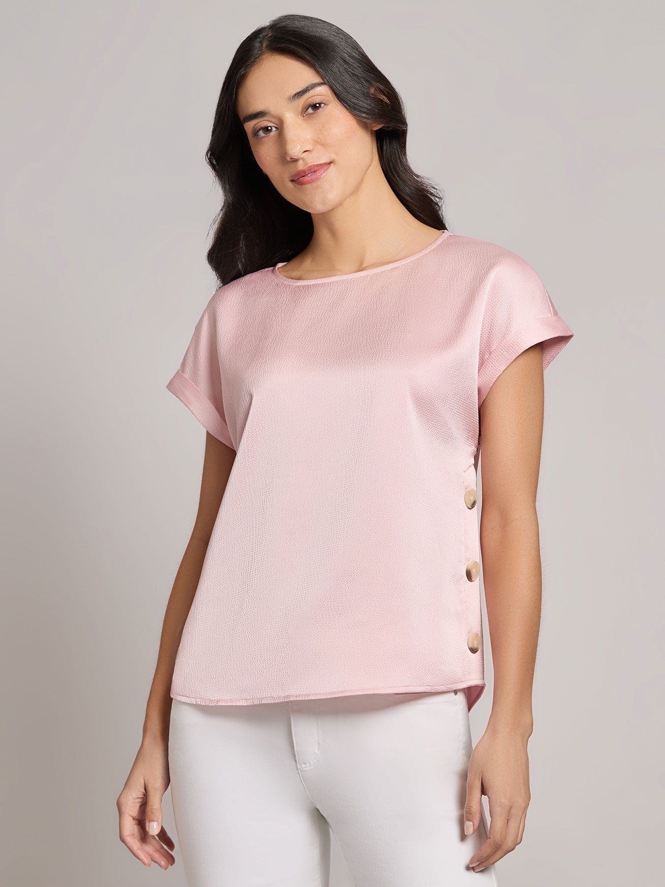 Button Detail Blouse, Hammered Satin
