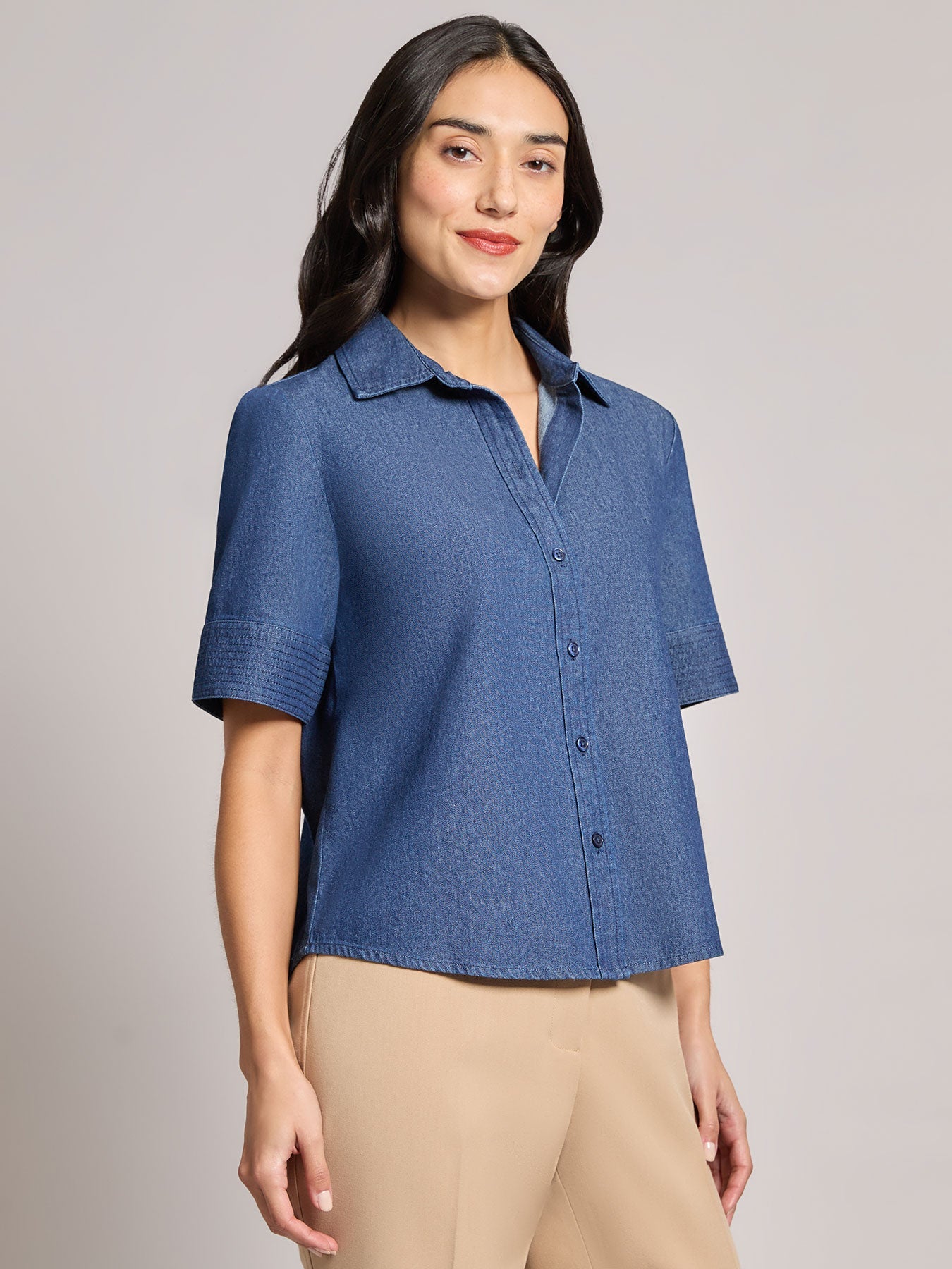 Short Sleeve Button Front Top, Chambray
