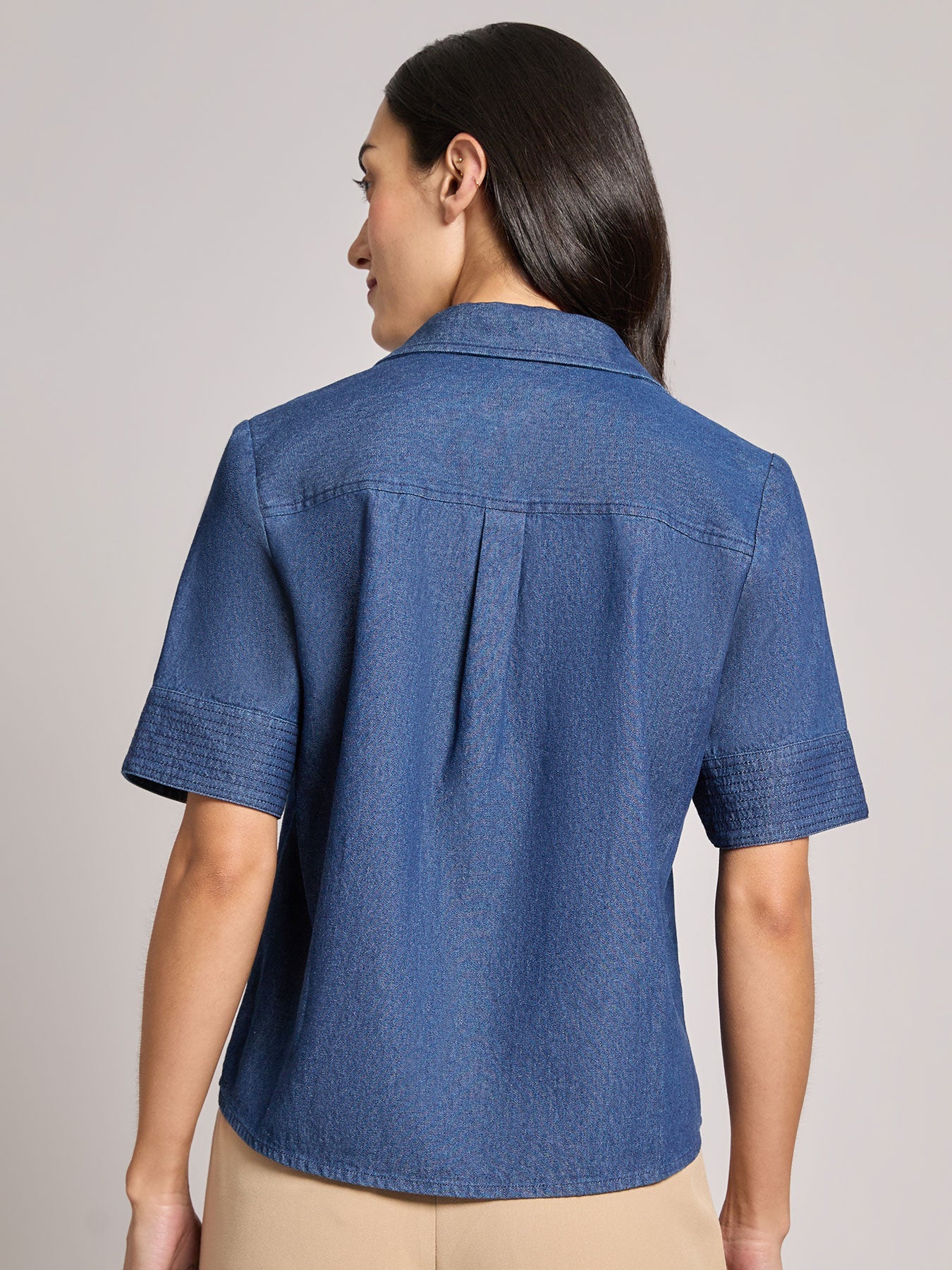 Short Sleeve Button Front Top, Chambray