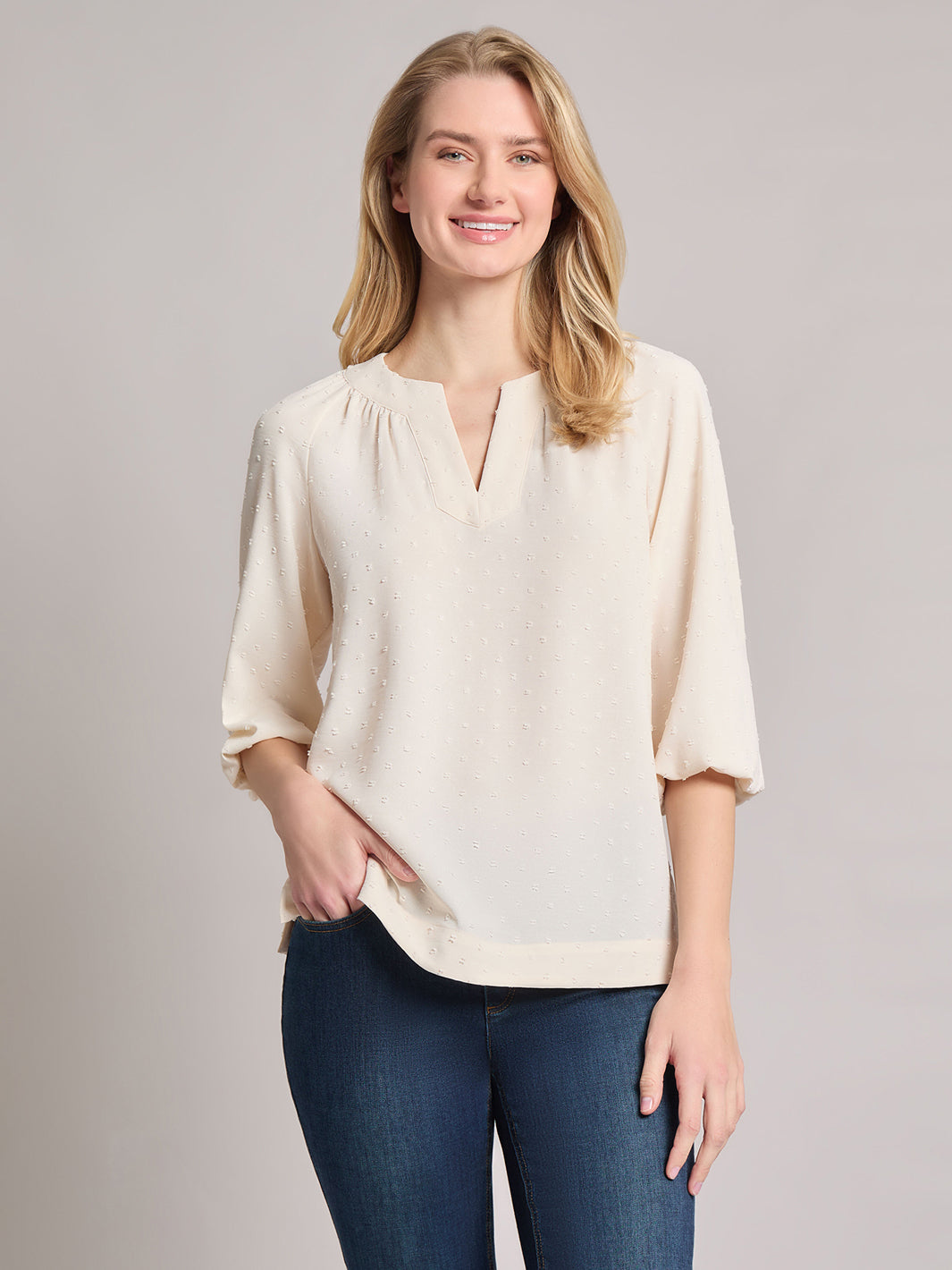Print V-Neck Pleated Kelly Blouse, Jacquard