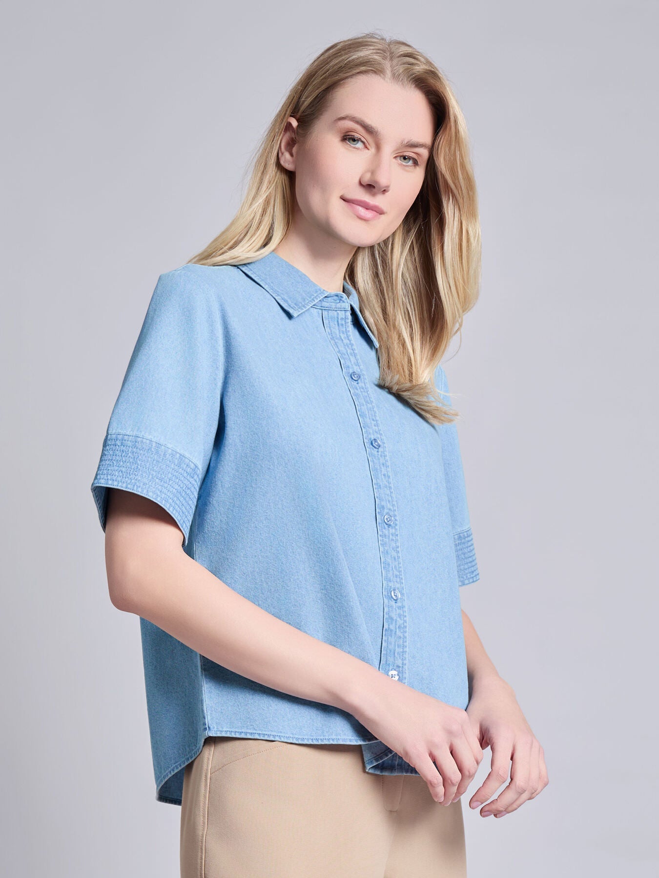 Petite Short Sleeve Button Front Top, Chambray