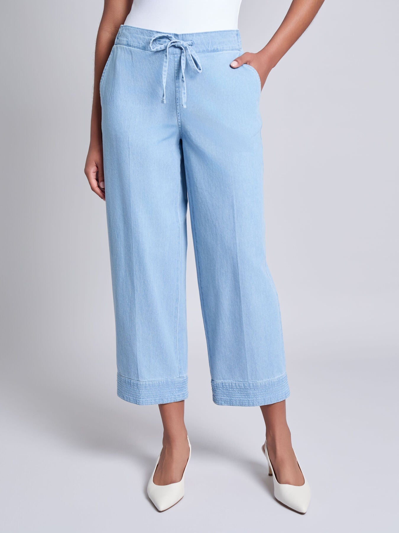 Tie Waist Stitch Hem Pant, Chambray
