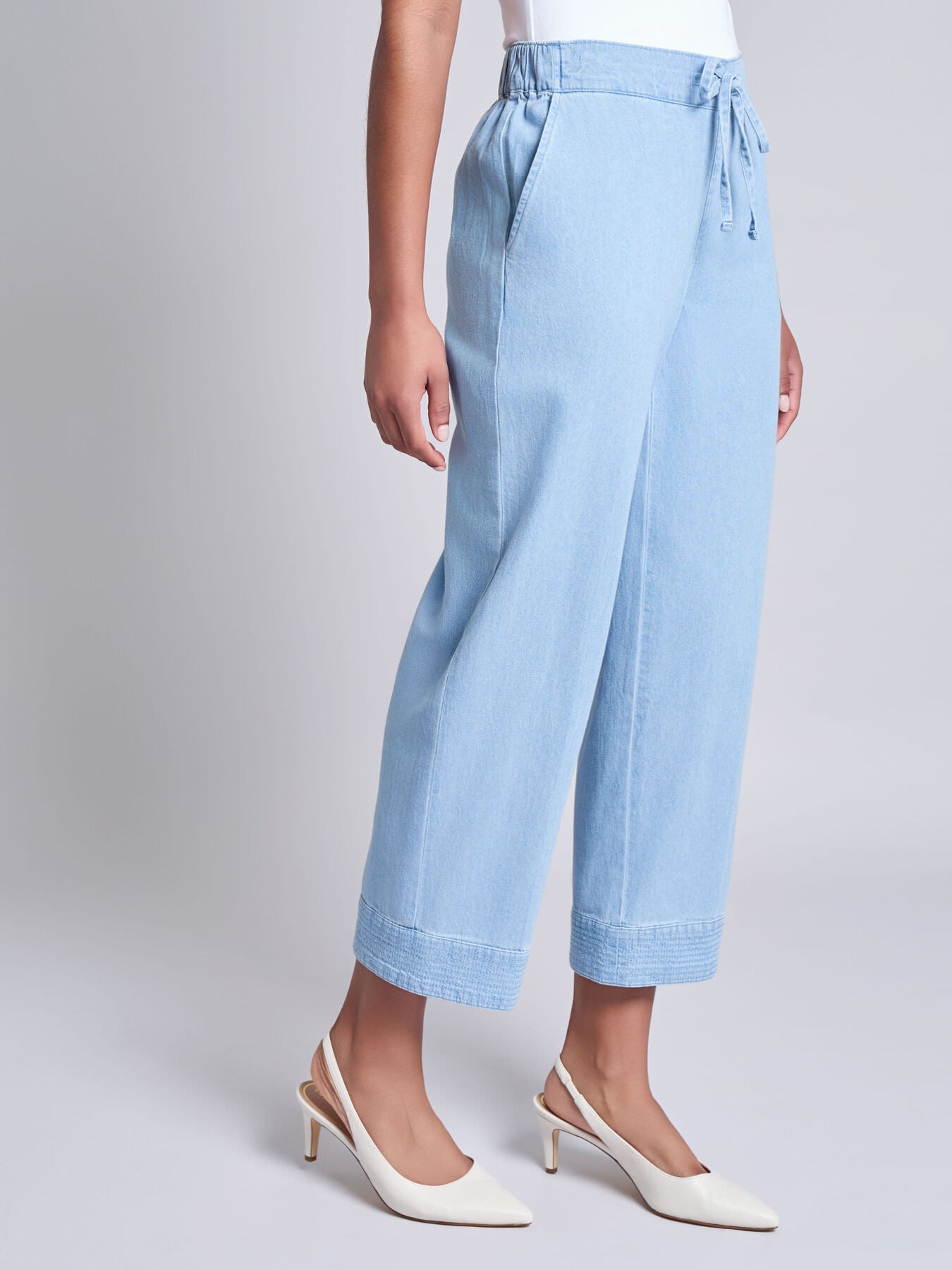 Petite Tie Waist Stitch Hem Pant, Chambray