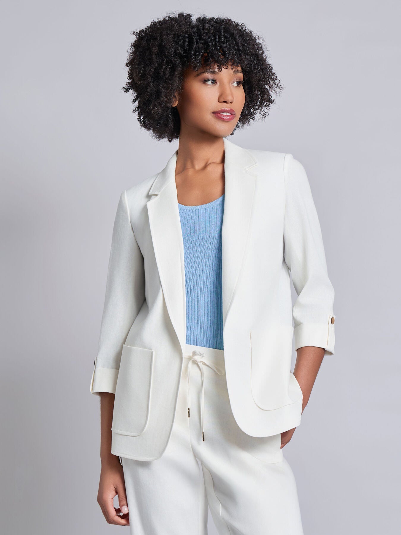 Petite Patch Pocket Tab Sleeve Blazer, Solid Linen Viscose
