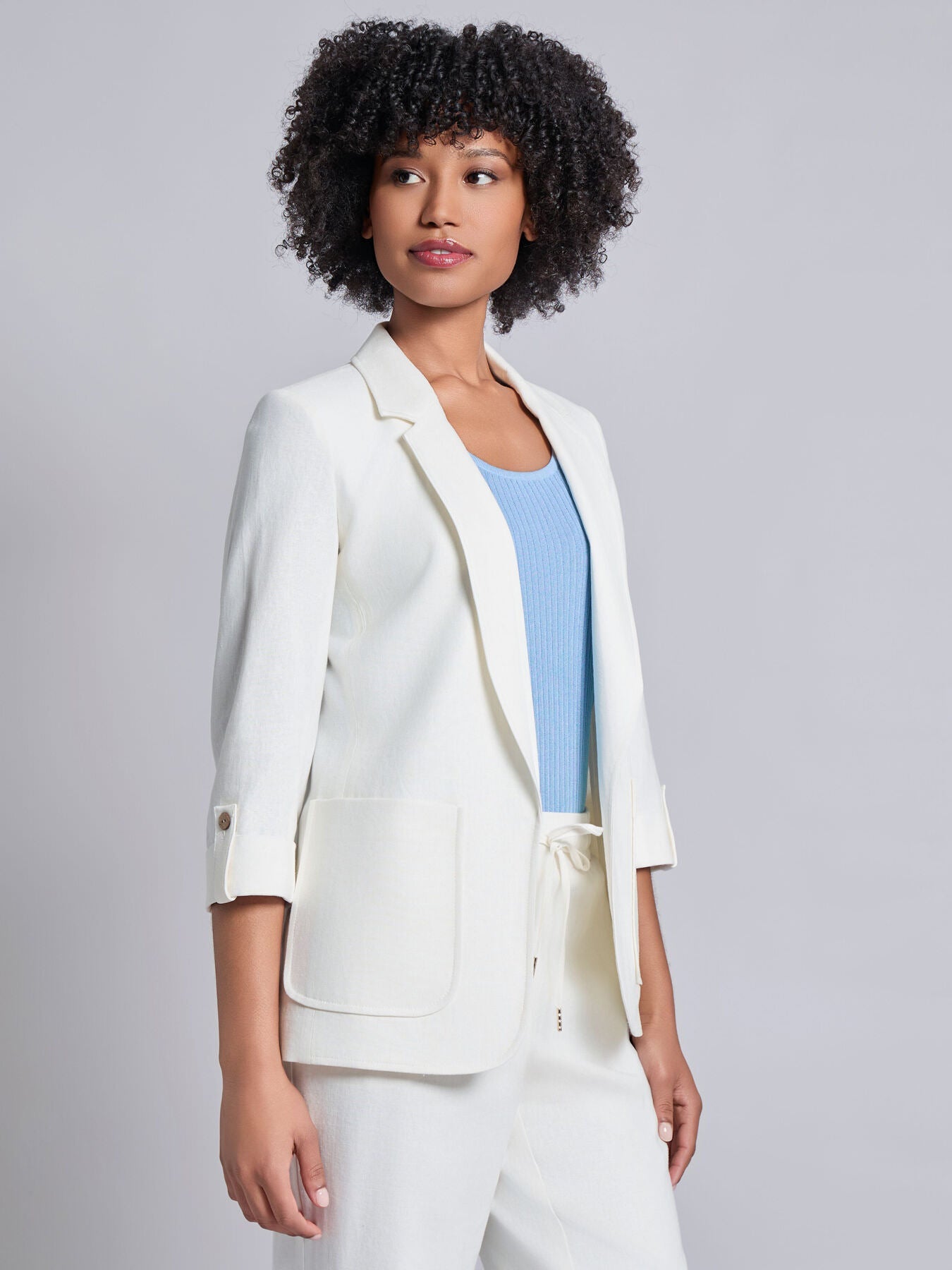 Petite Patch Pocket Tab Sleeve Blazer, Solid Linen Viscose