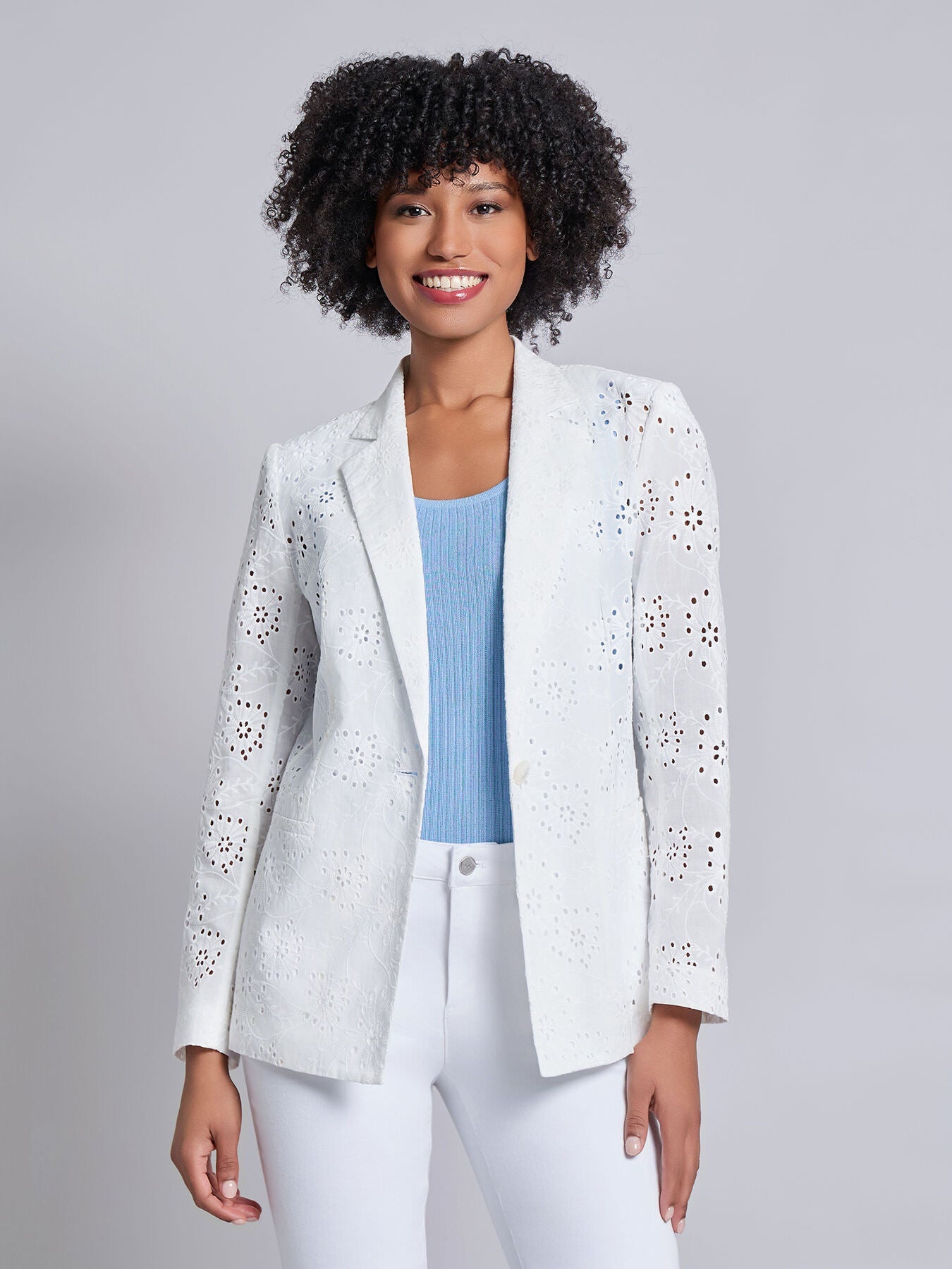 One Button Notch Collar Blazer, Floral Eyelet
