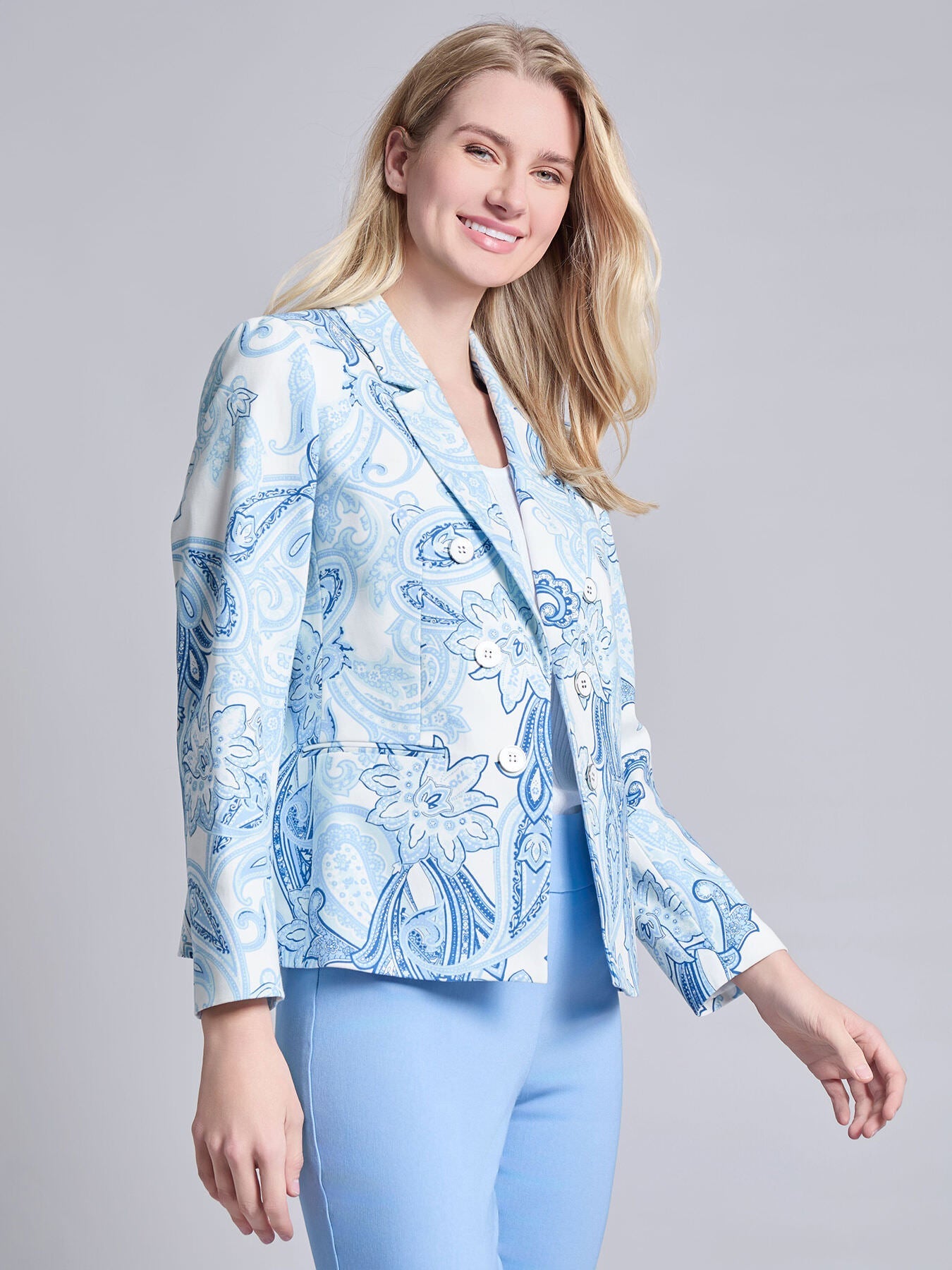 Faux Double Breasted Blazer, Printed Woven
