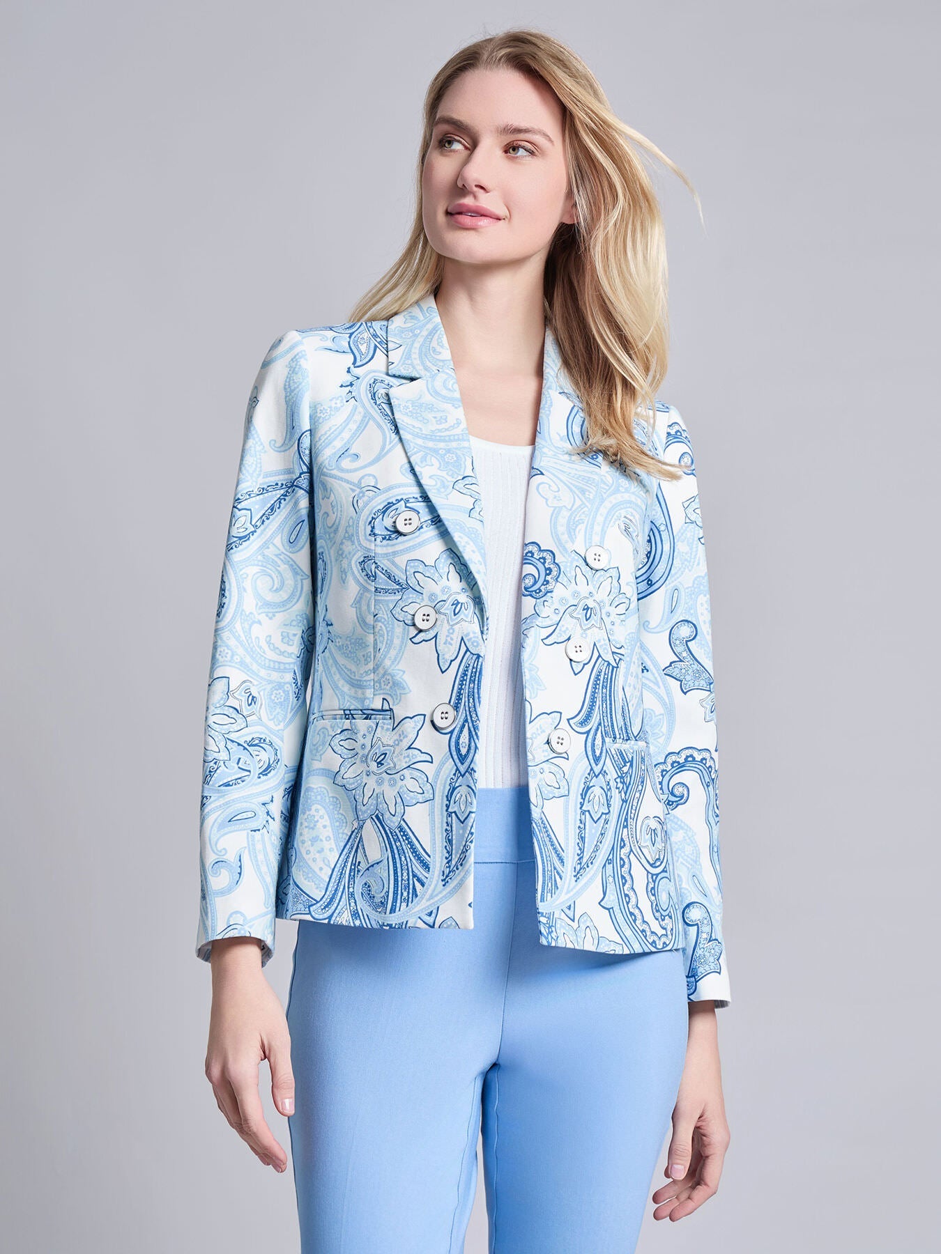 Faux Double Breasted Blazer, Printed Woven