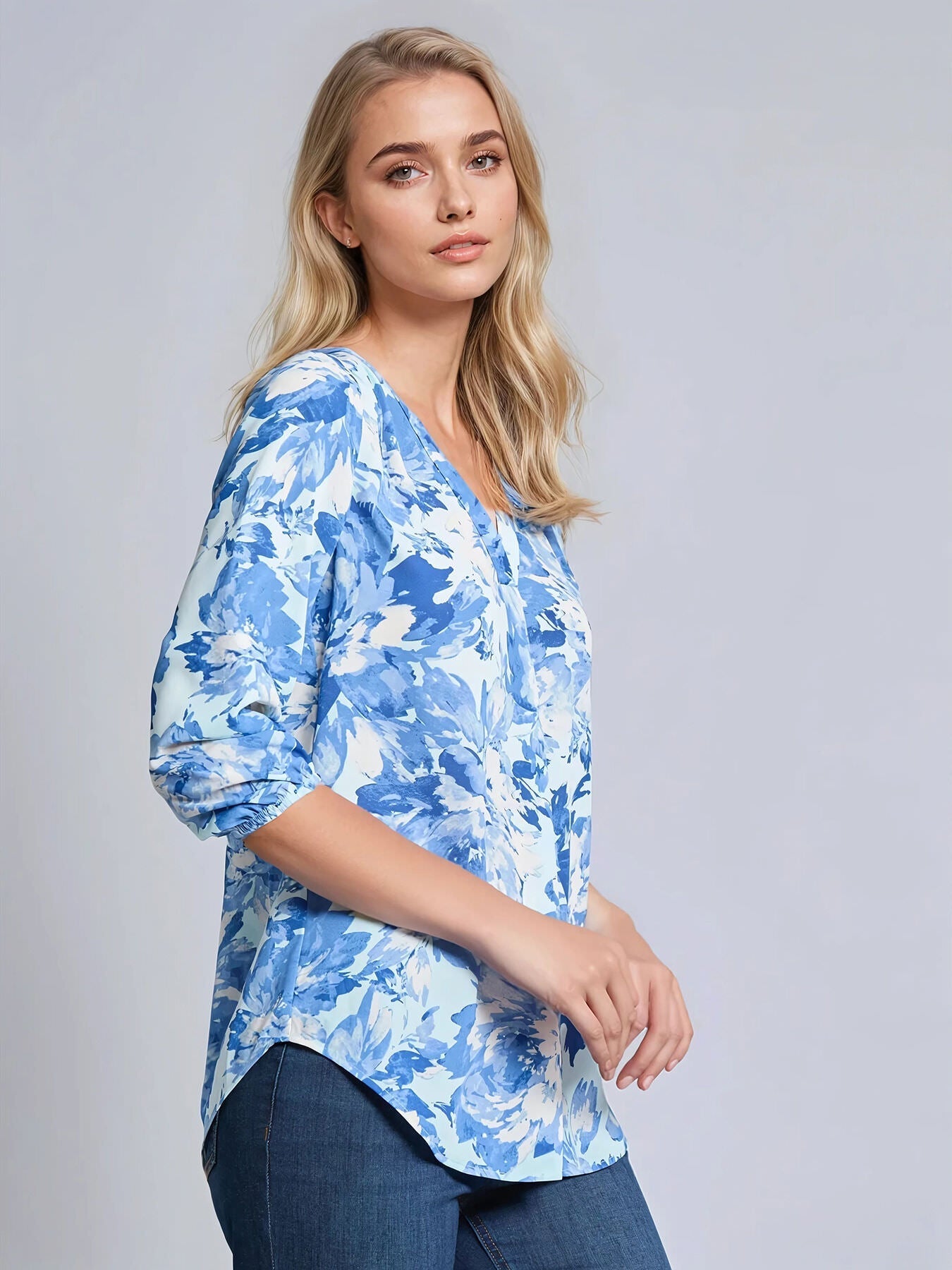 Printed V-Neck Pleated Kelly Blouse