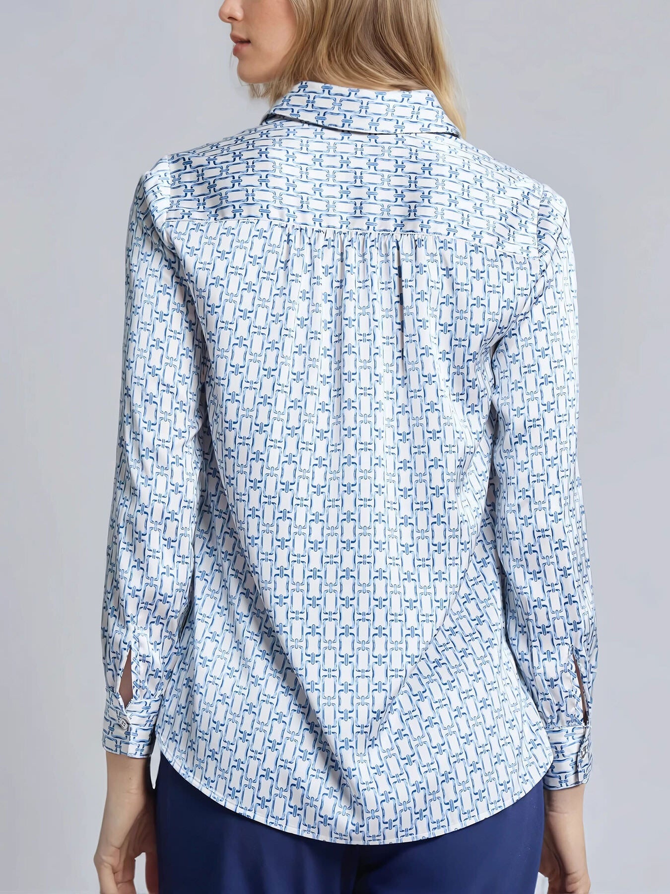 Long Sleeve Collared Popover Blouse, Printed Satin