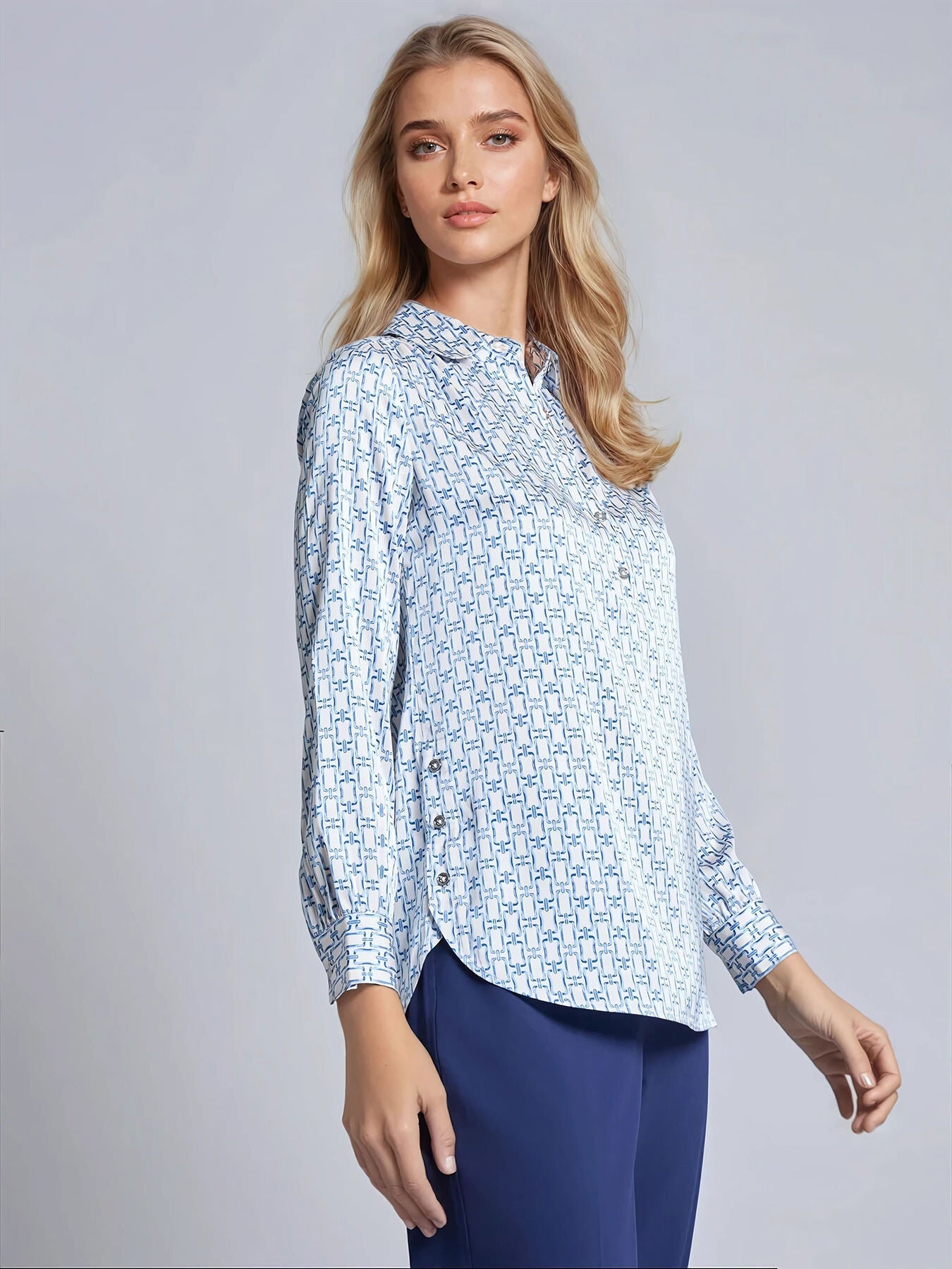 Long Sleeve Collared Popover Blouse, Printed Satin
