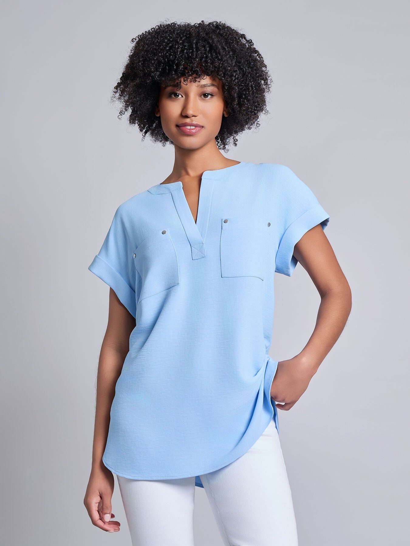 Split Neck Cap Sleeve Blouse