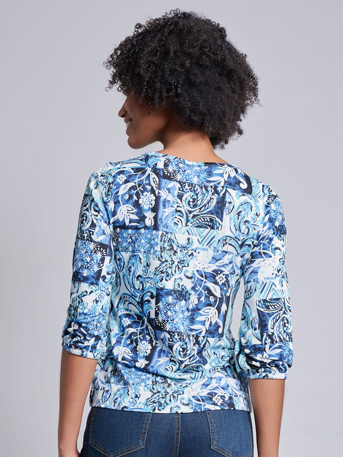 Puff Sleeve Printed Moss Crepe Top