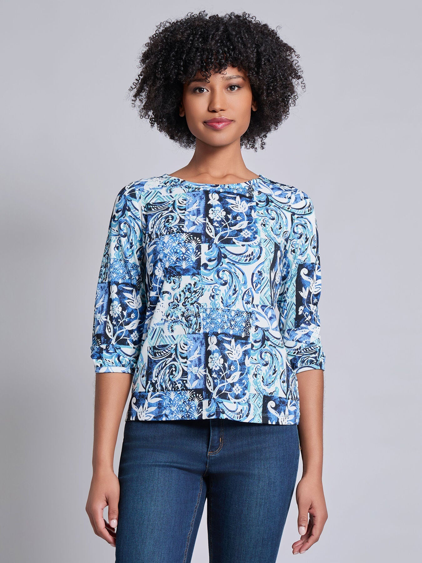 Puff Sleeve Printed Moss Crepe Top