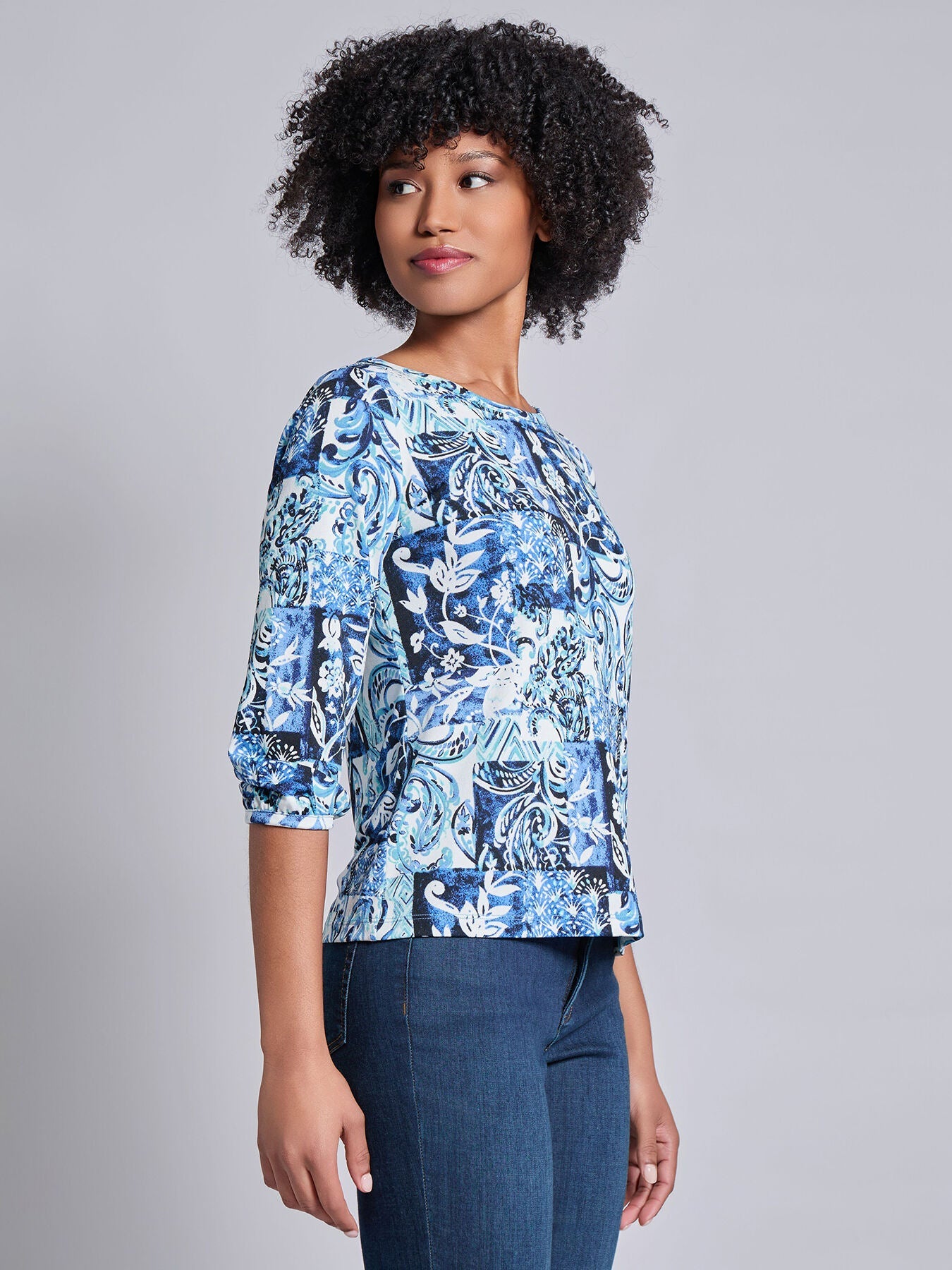 Puff Sleeve Printed Moss Crepe Top