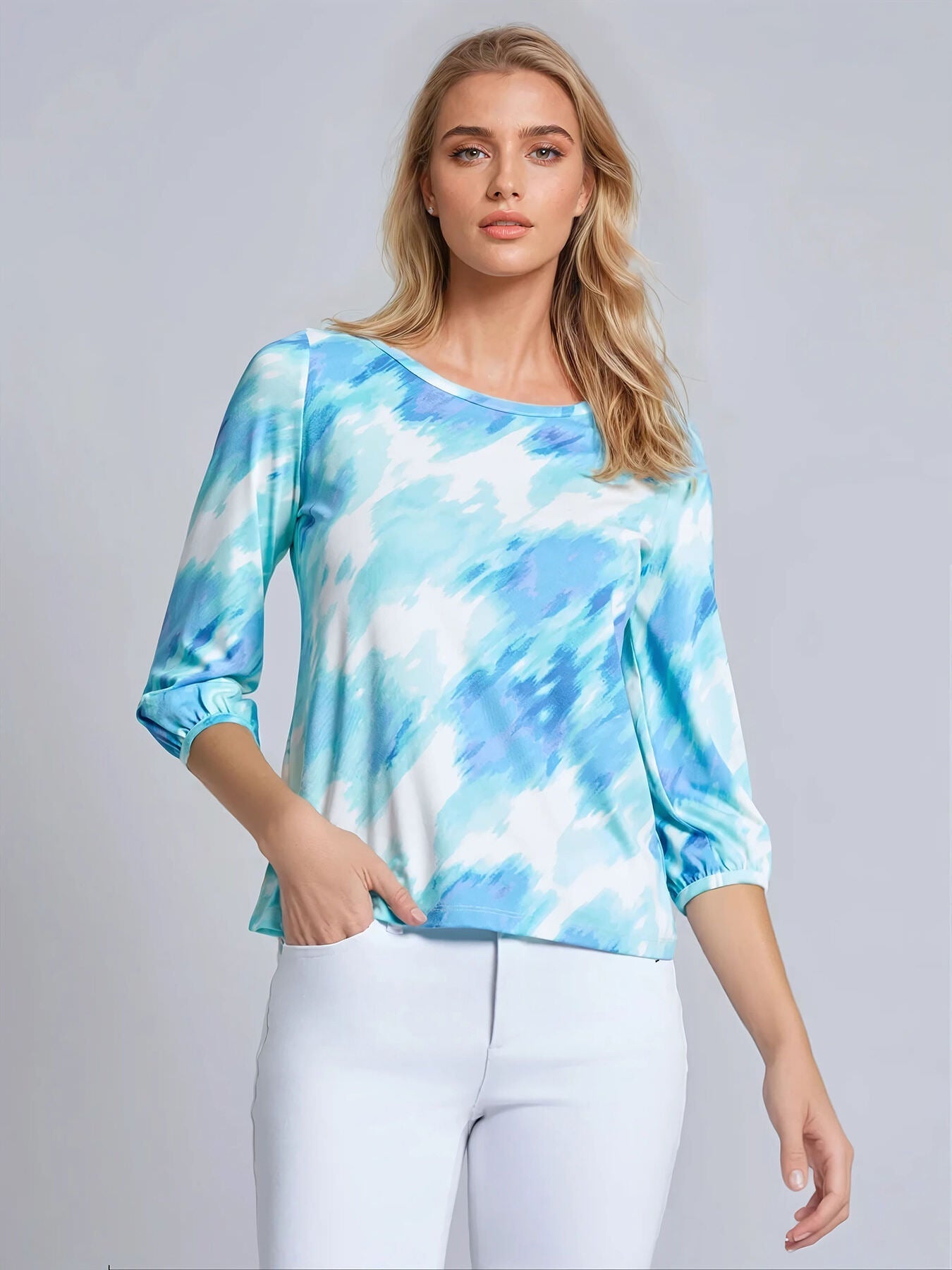 Puff Sleeve Printed Moss Crepe Top