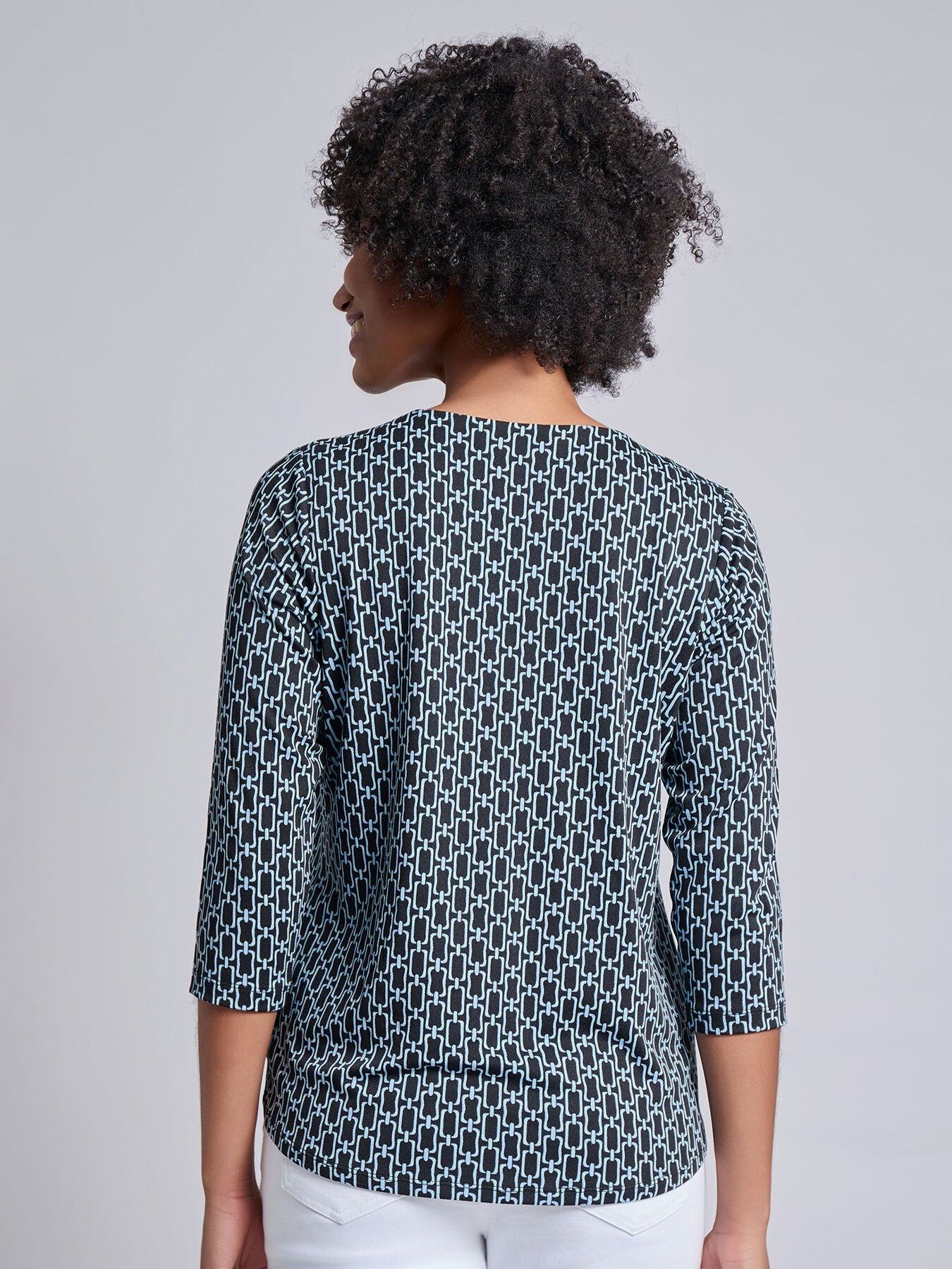 Petite 3/4 Sleeve Keyhole Neck Print Top, Moss Crepe