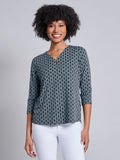 Petite 3/4 Sleeve Keyhole Neck Print Top, Moss Crepe