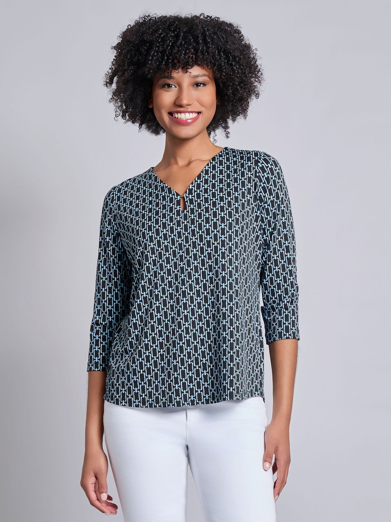 Petite 3/4 Sleeve Keyhole Neck Print Top, Moss Crepe