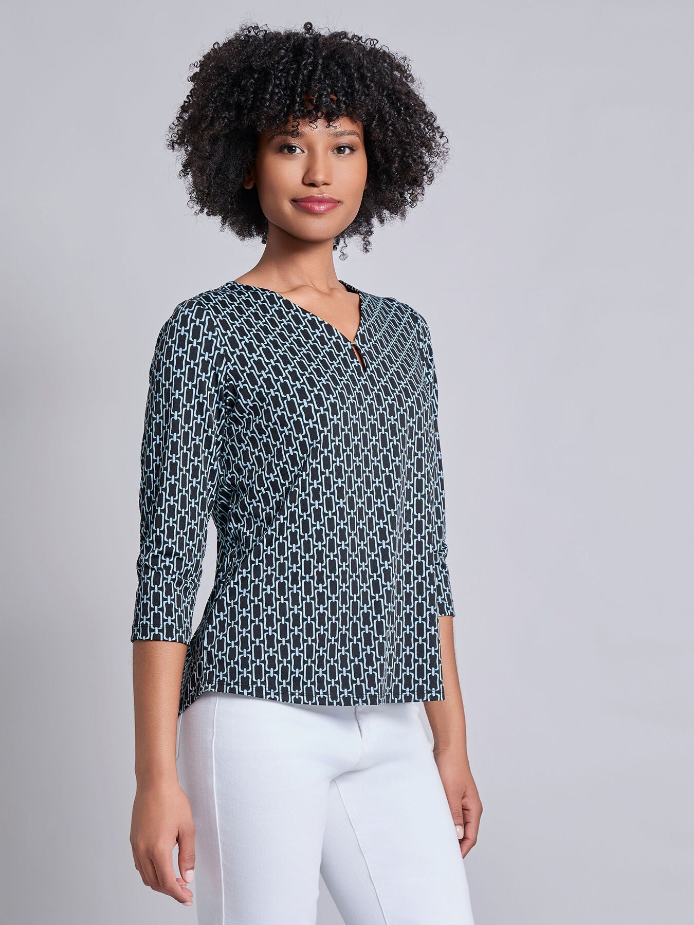 Petite 3/4 Sleeve Keyhole Neck Print Top, Moss Crepe