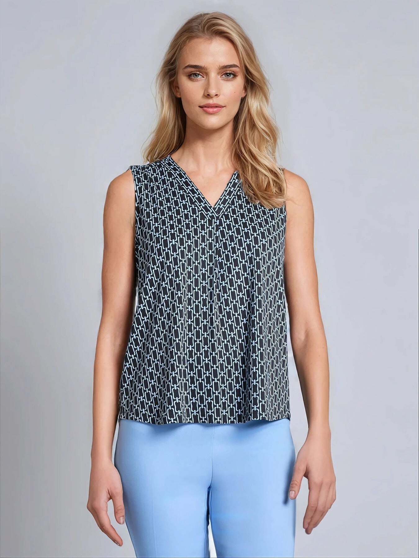 Sleeveless V-Neck Pleat Front Blouse