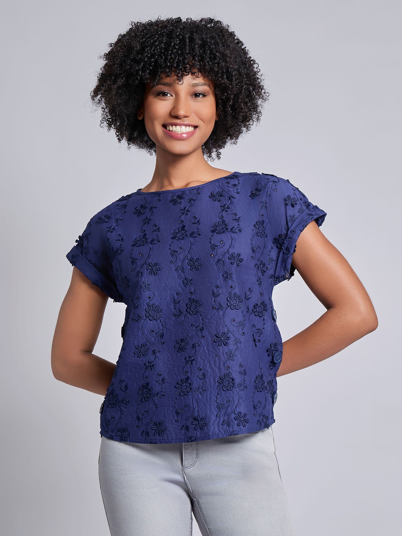 Petite Short Sleeve Button Detail Blouse, Floral Eyelet