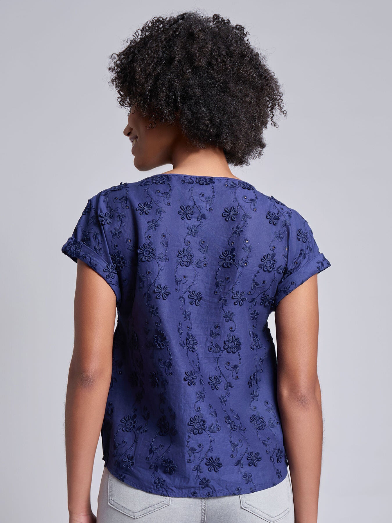 Petite Short Sleeve Button Detail Blouse, Floral Eyelet