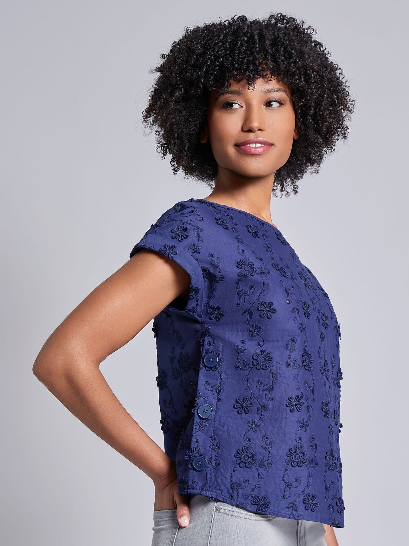 Short Sleeve Button Detail Blouse, Floral Eyelet