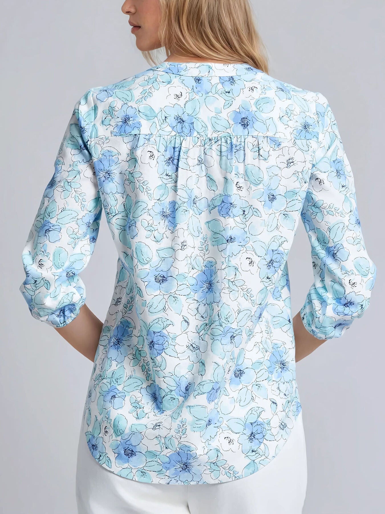 Print V-Neck Pleated Kelly Blouse, Linen Blend