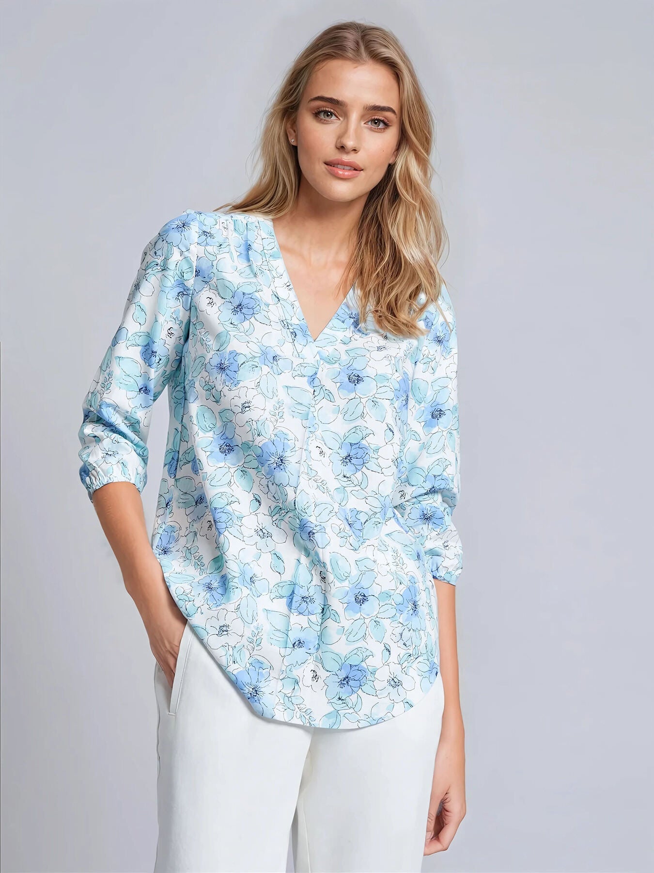 Print V-Neck Pleated Kelly Blouse, Linen Blend