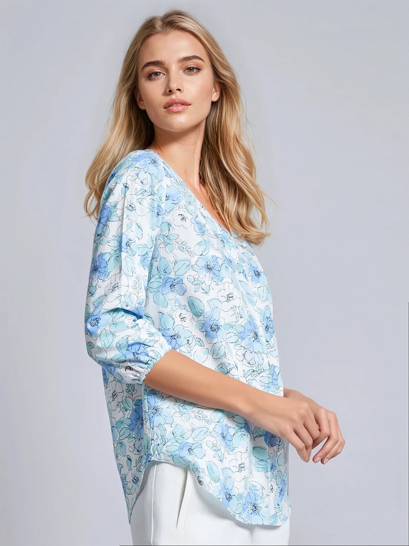 Plus Print V-Neck Pleated Kelly Blouse, Linen Blend